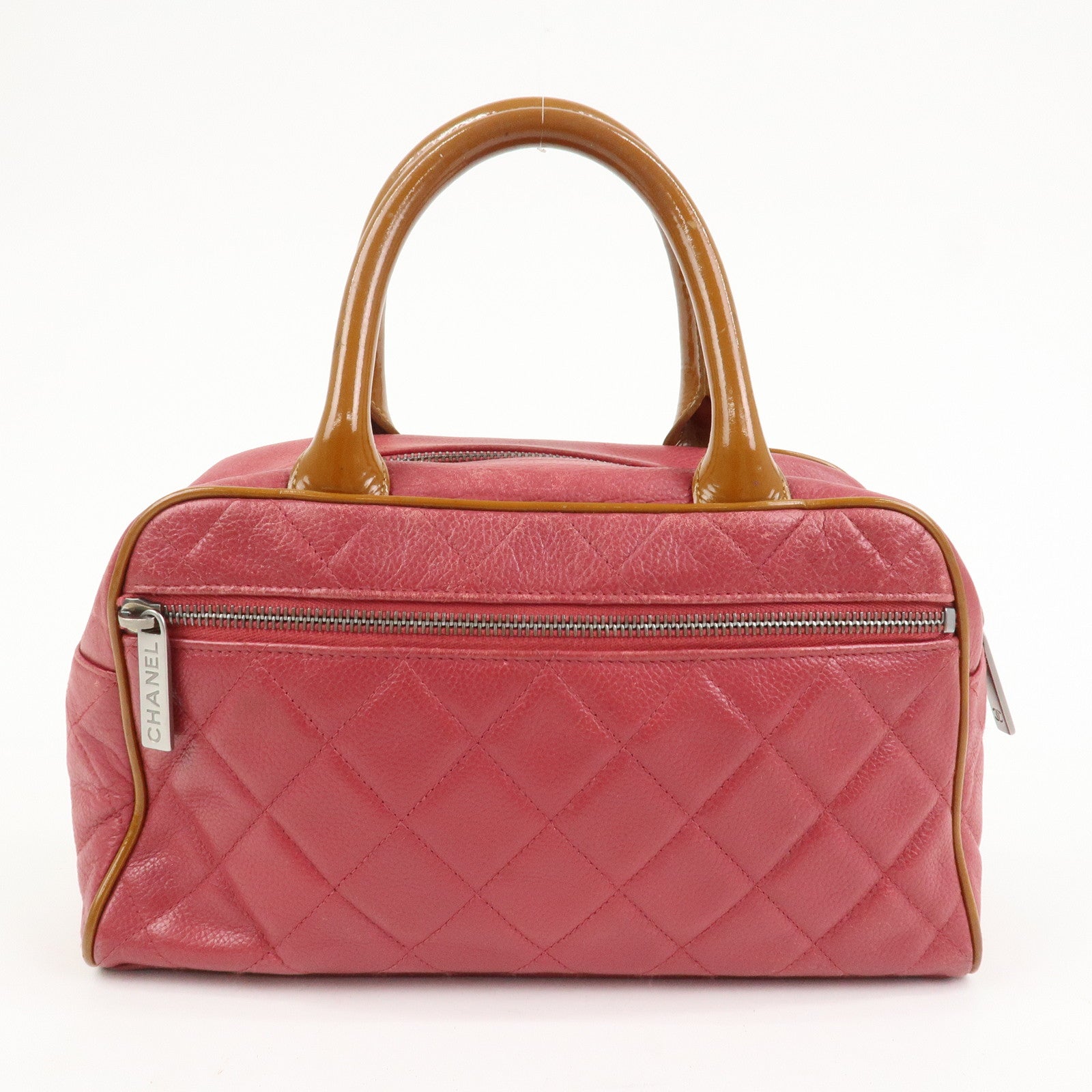 CHANEL Matelasse Leather Patent Leather Mini Boston Bag Pink Brown