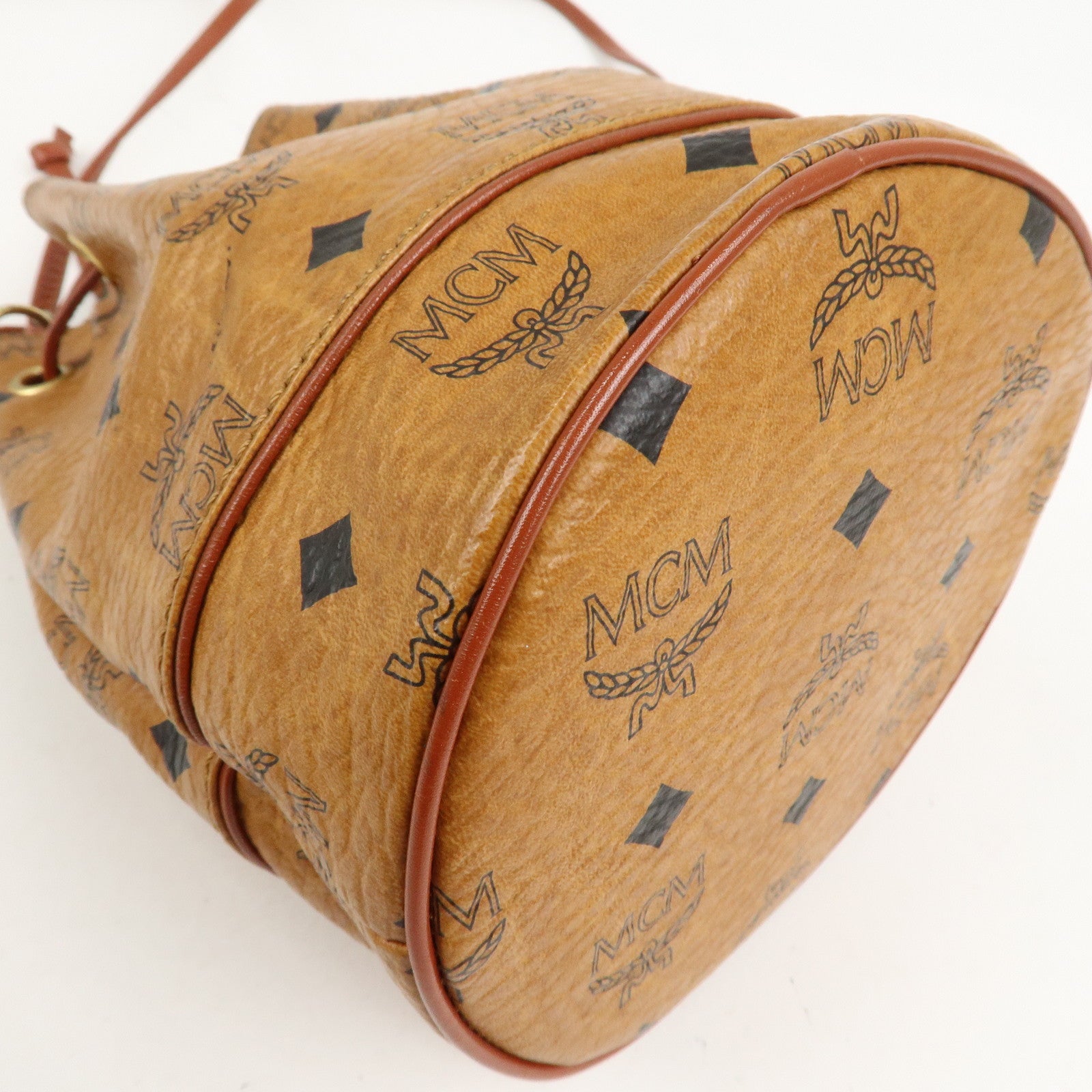 MCM Visetos Leather Drawstring Shoulder Bag Brown