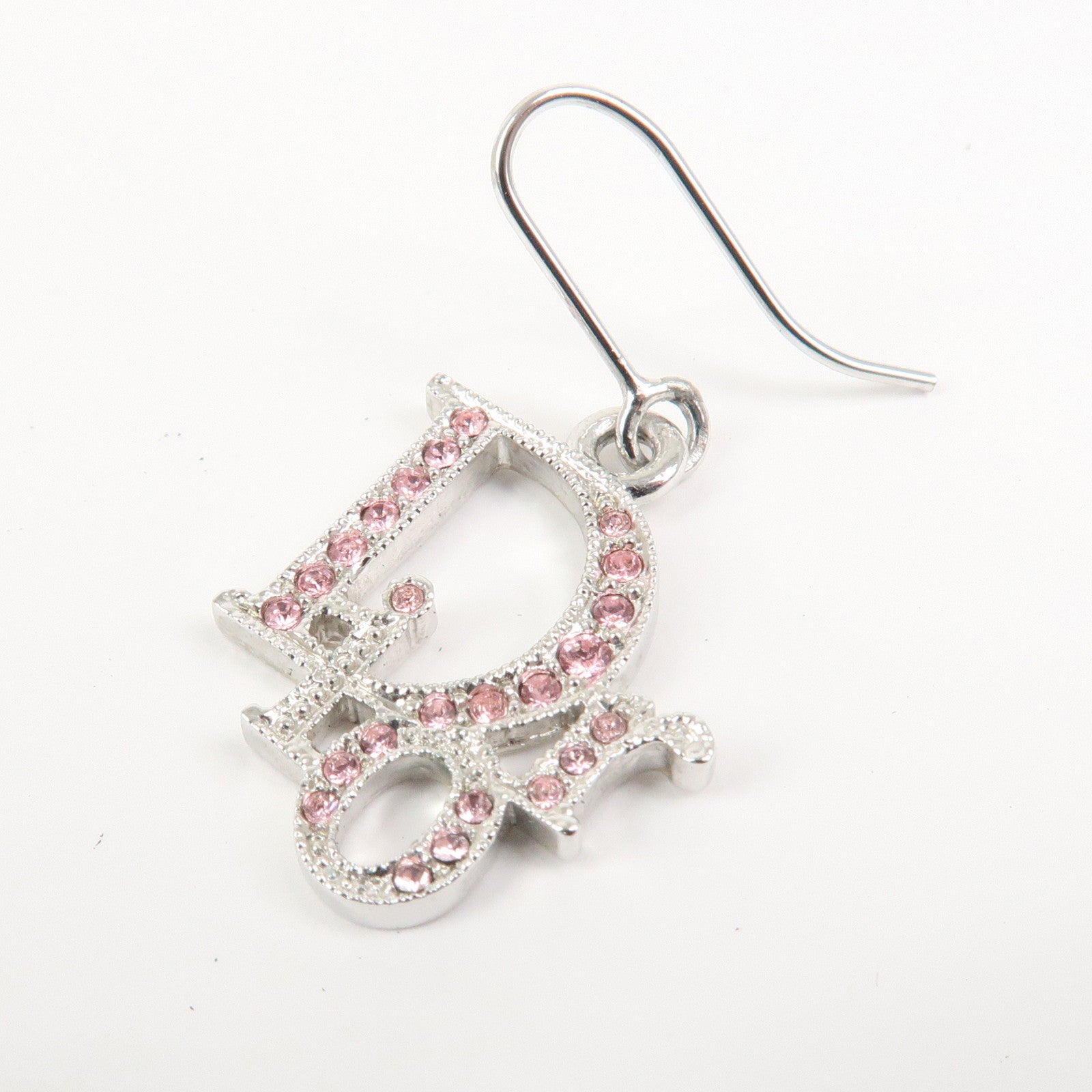 Christian Dior Logo Earrings Metal Silver Pink Crystals