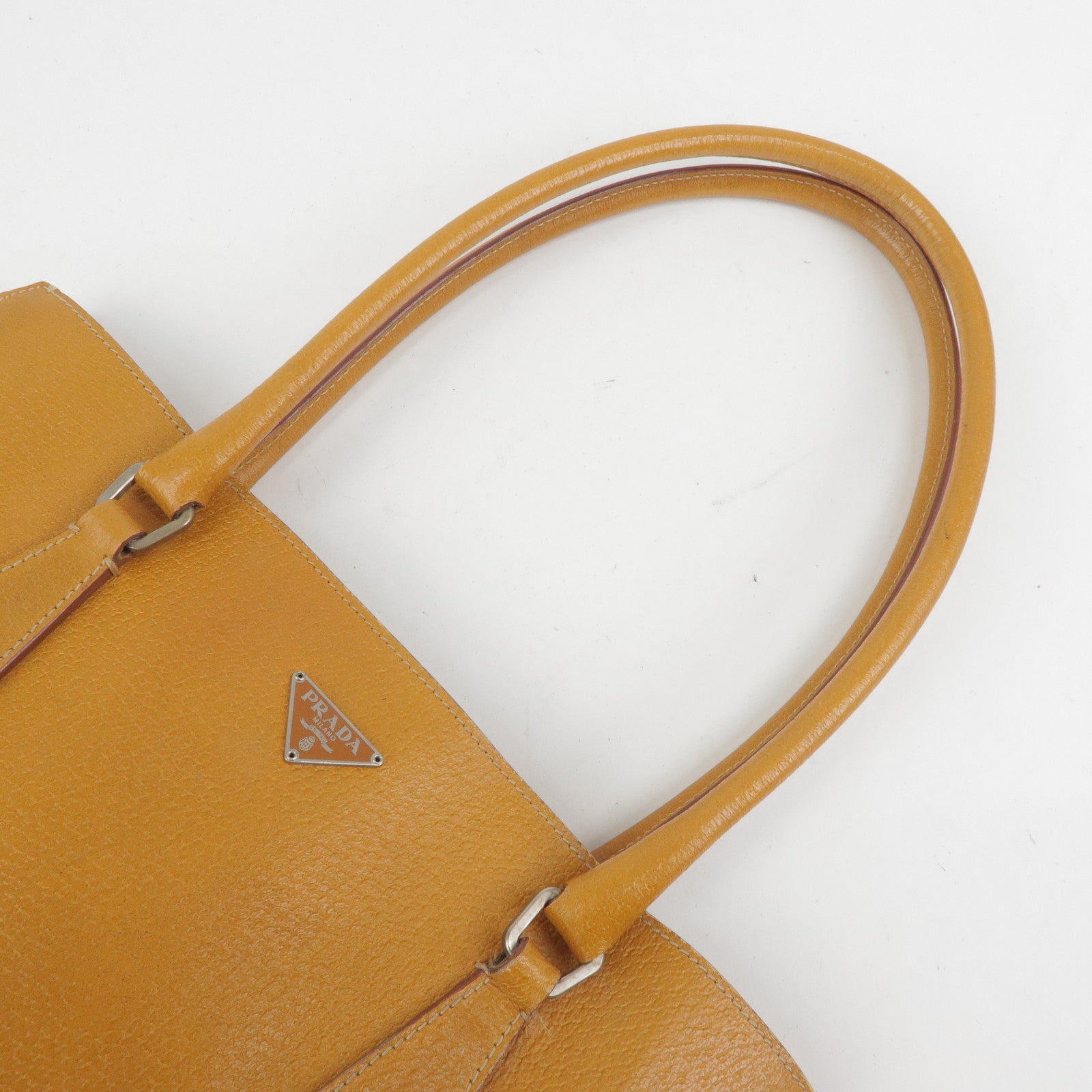 PRADA Triangle Logo Leather Tote Bag Shoulder Bag Light Brown