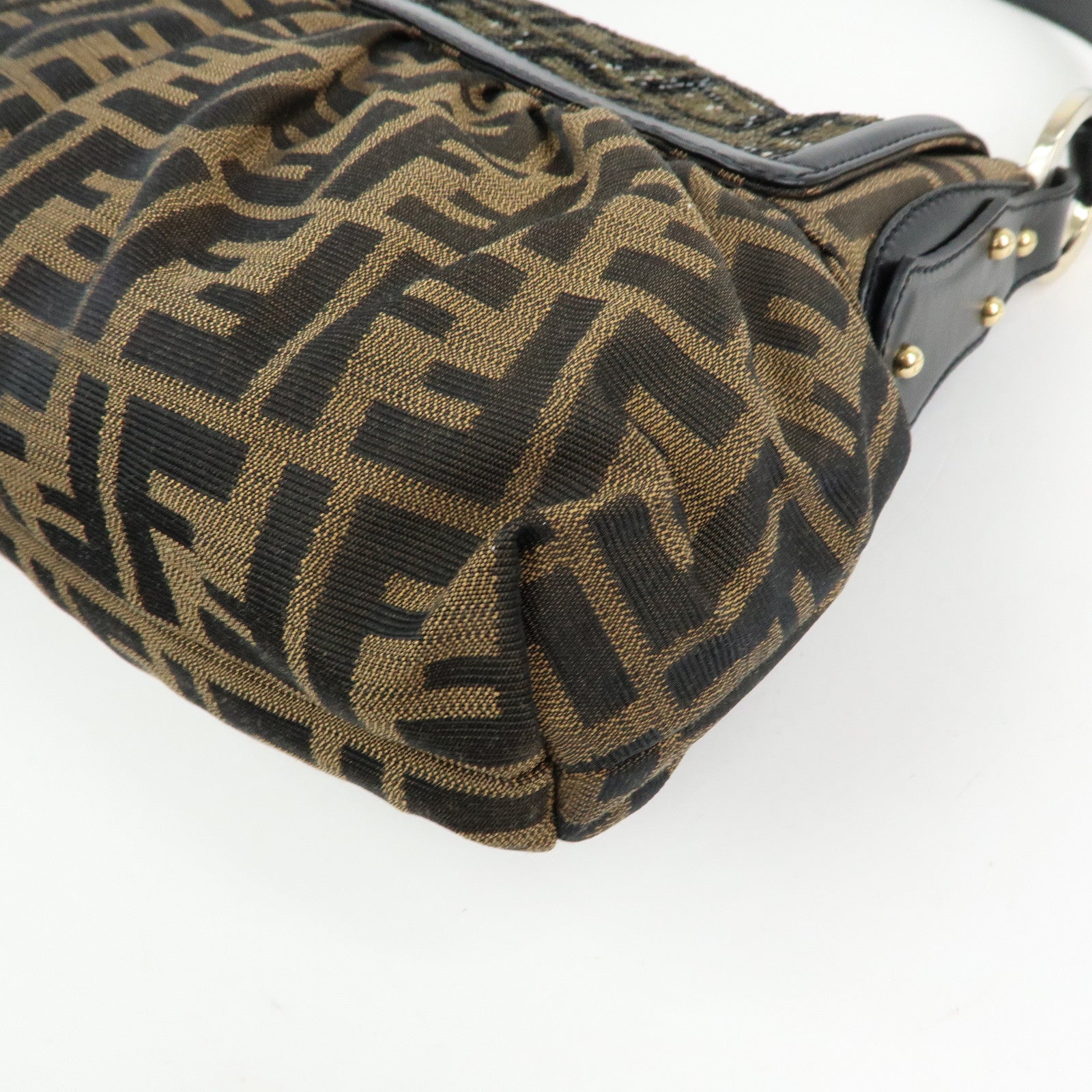 FENDI Zucca Canvas Leather Sequined Shoulder Bag Brown 8BR436