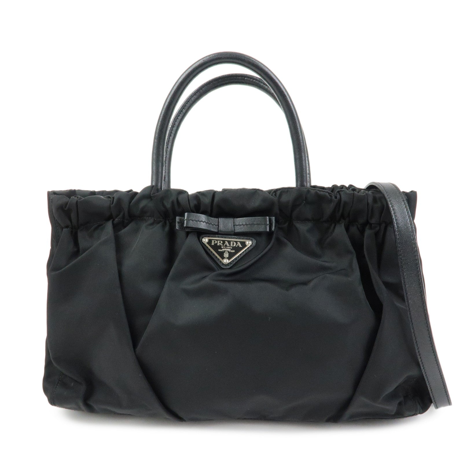 PRADA Triangle Logo Ribbon Nylon Leather 2Way Hand Bag Black BN1631