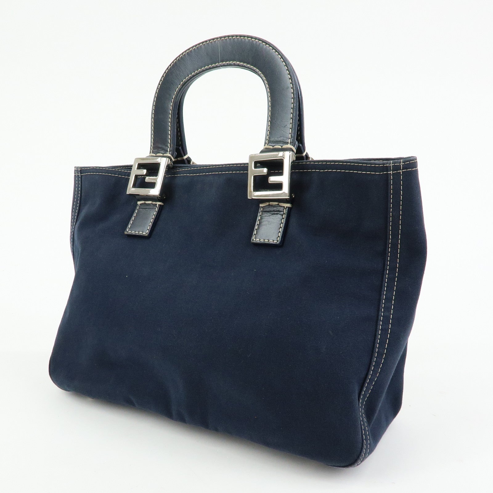 FENDI Canvas Leather Tote Bag Hand Bag Navy