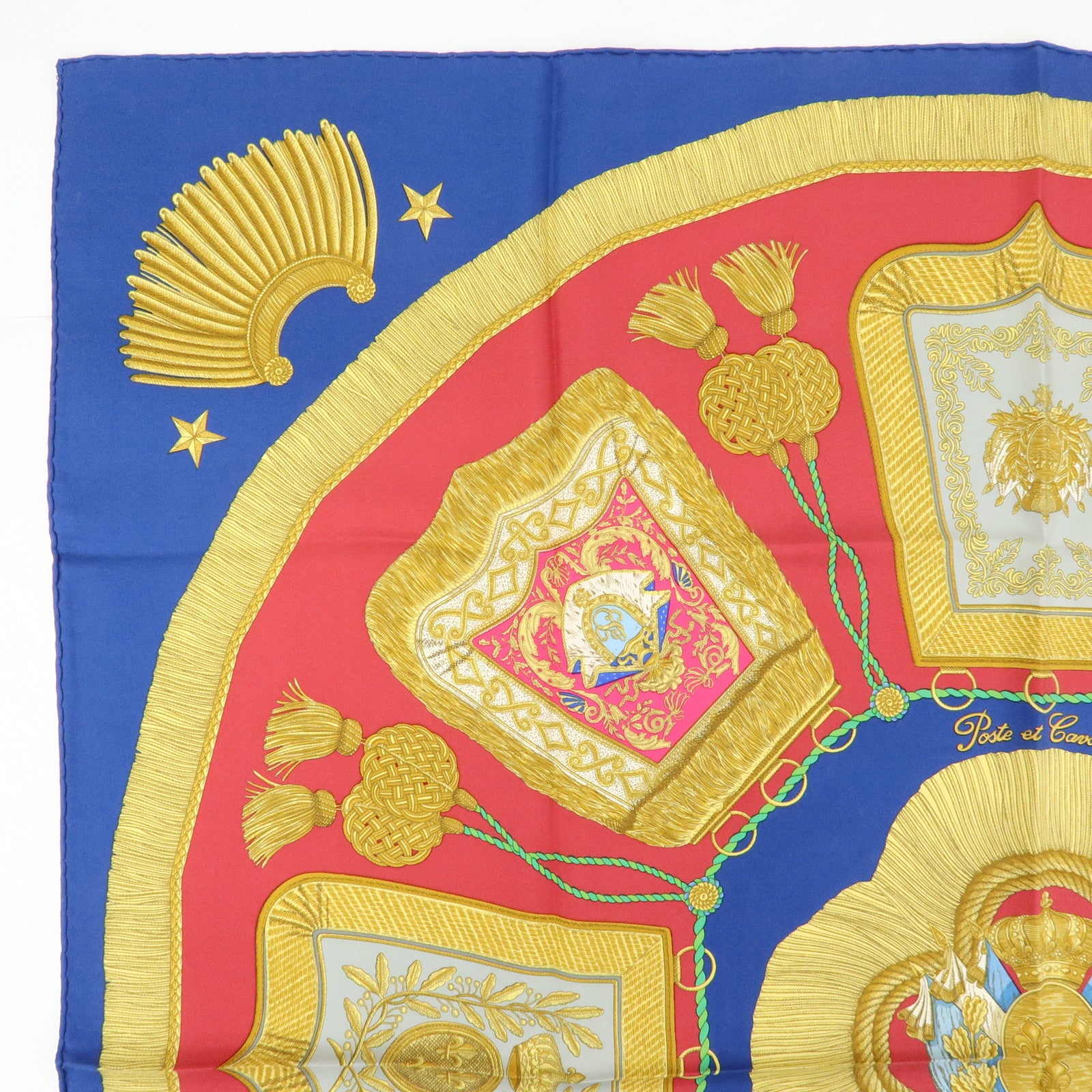 HERMES Carre 90 Silk 100% Scarf Poste et Cavalerie Blue Yellow Red