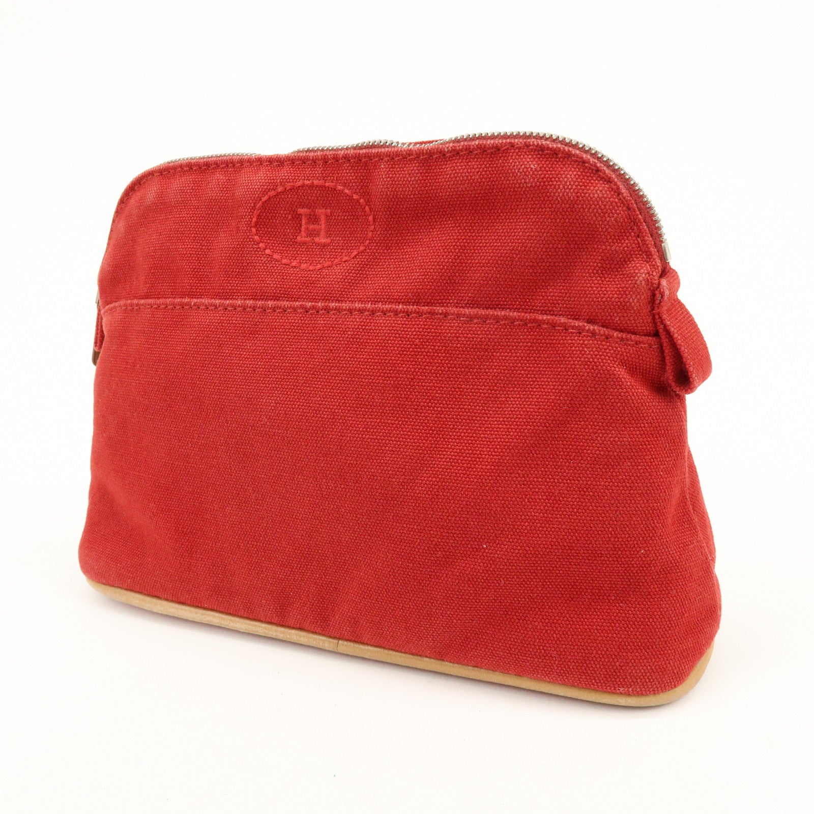 HERMES Bolide Mini Cotton Leather Pouch Cosmetic Case Red Beige