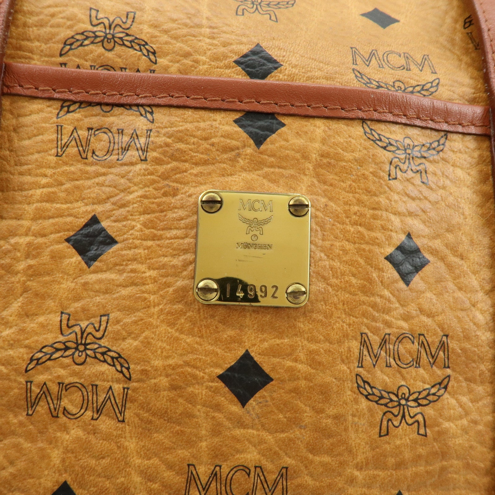 MCM Visetos PVC Leather Tote Bag Boston Bag Hand Bag Cognac Brown