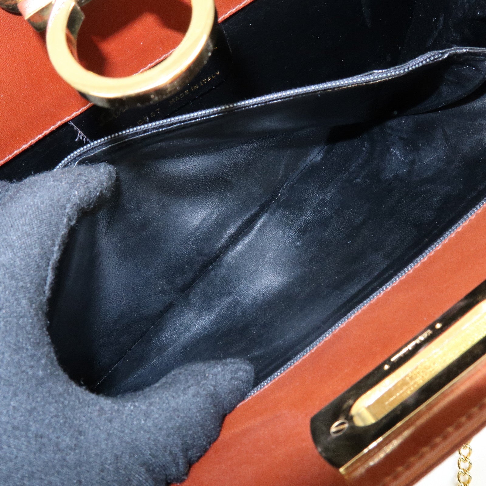 Ferragamo Gancini Calf Skin Leather Chain Shoulder Bag Brown