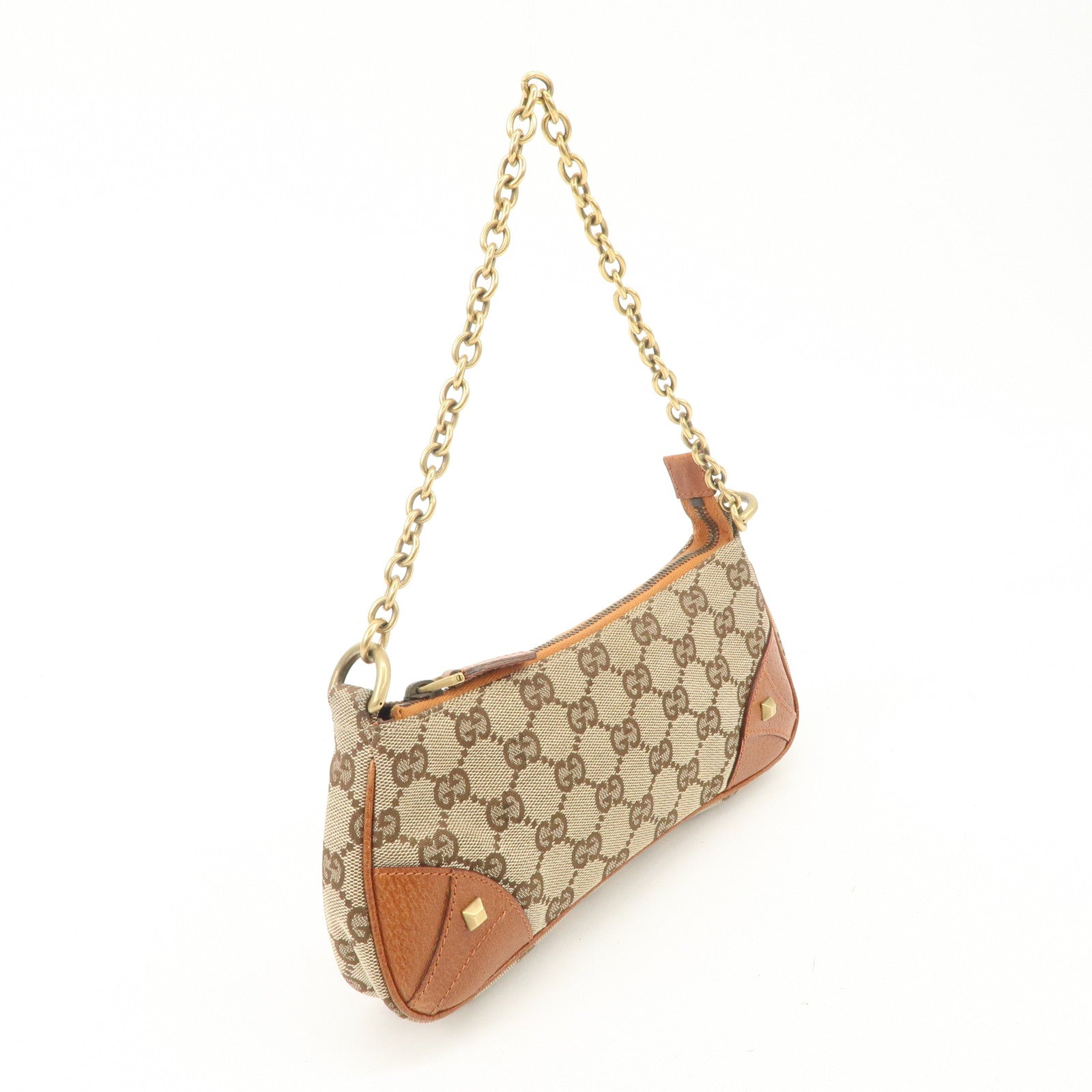 GUCCI GG Canvas Leather Chain Hand Bag Pouch Beige Brown 120940 Used