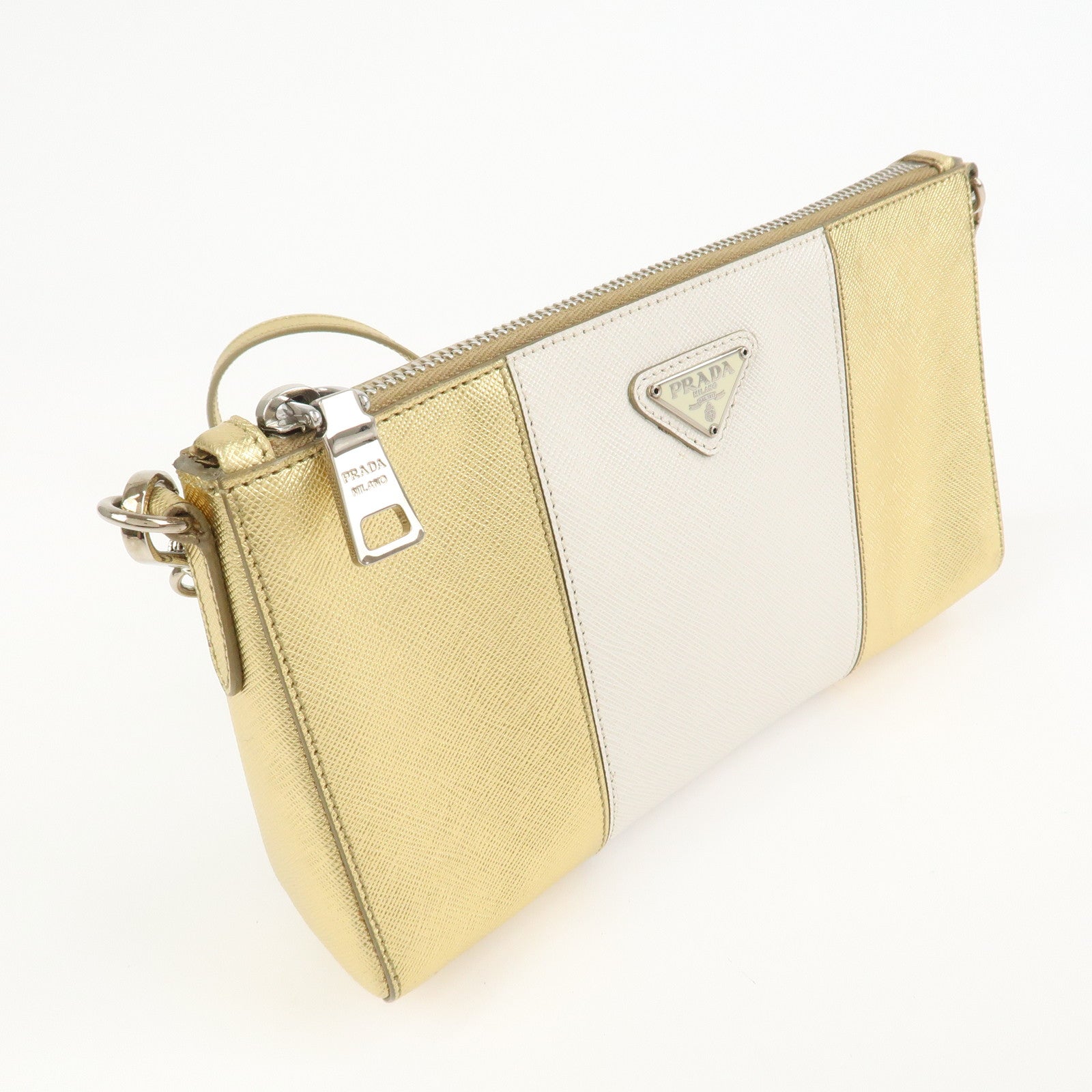 PRADA Logo Leather Crossbody Chain Shoulder Bag Gold BT947C