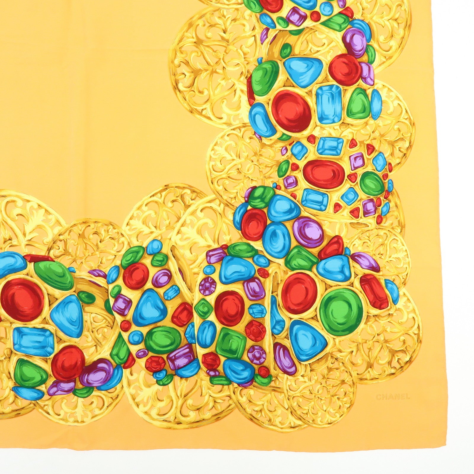 CHANEL Jewelry Motif Silk 100% Scarf Orange Multicolor
