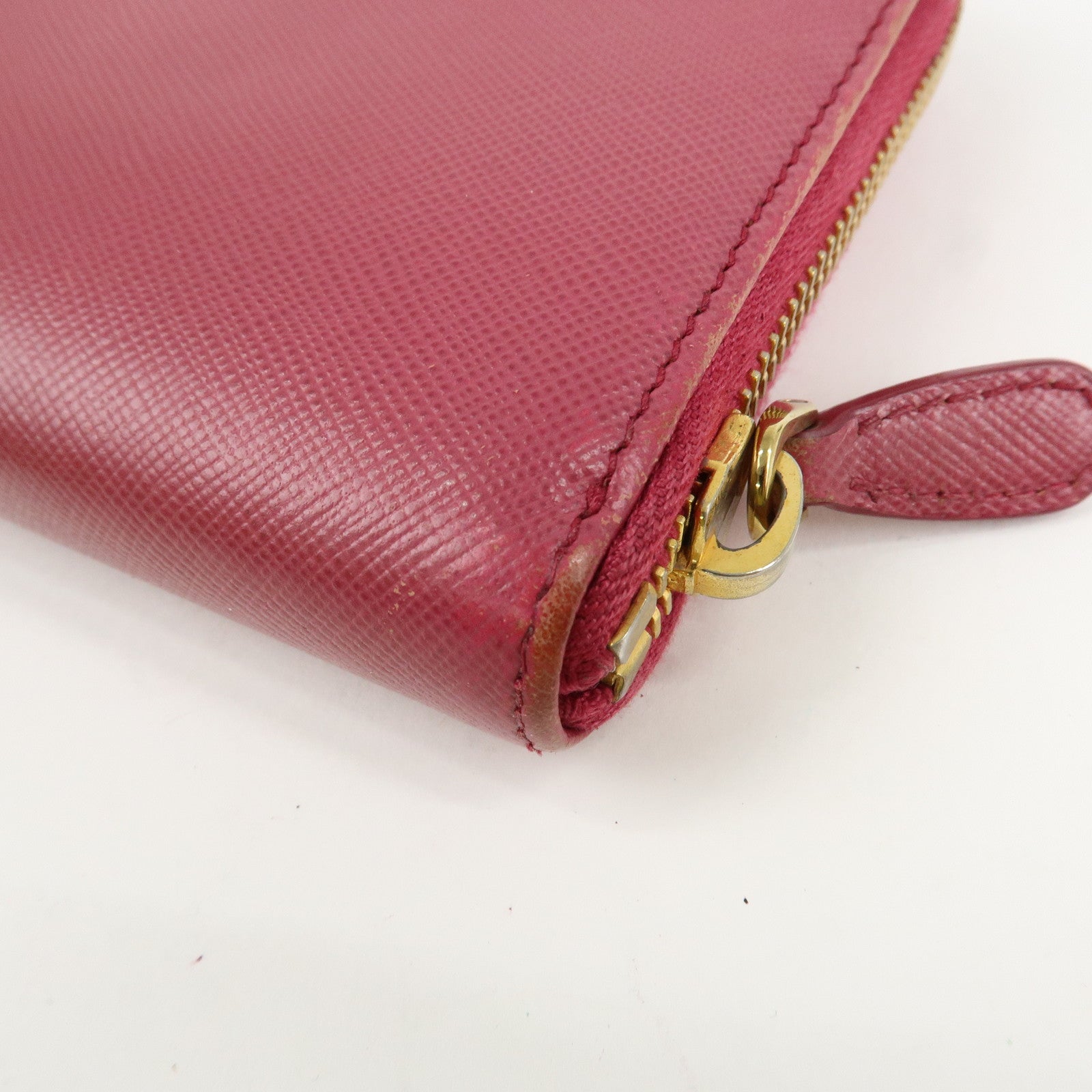 PRADA Logo Saffiano Leather Round Zippy Long Wallet Pink 1M0506 Used