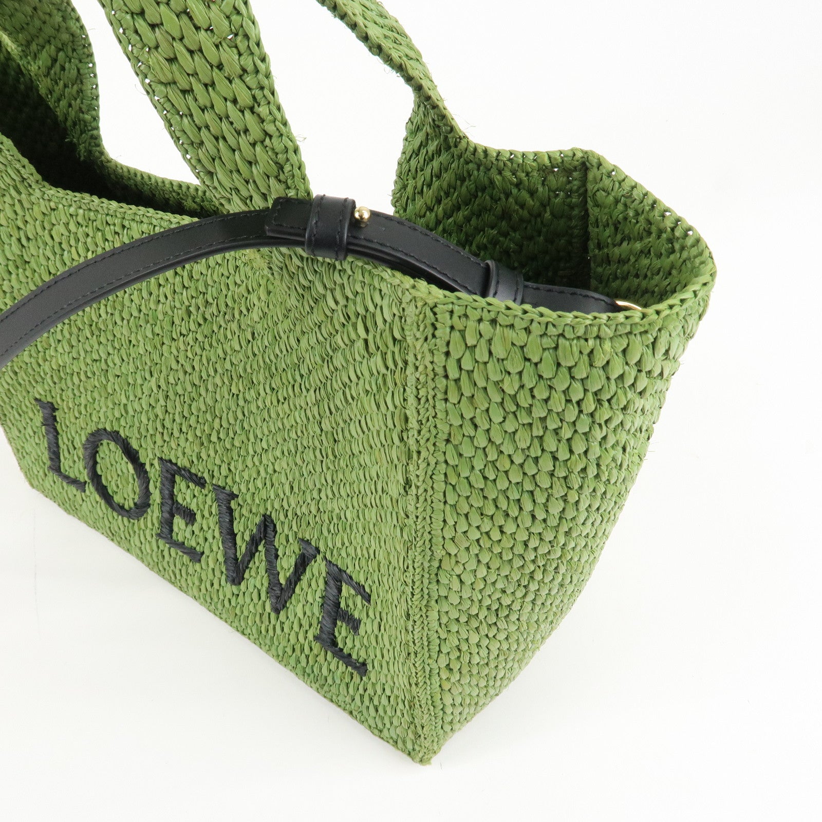 LOEWE Leather Raffia Logo 2Way Tote Bag Shoulder Bag Green Used