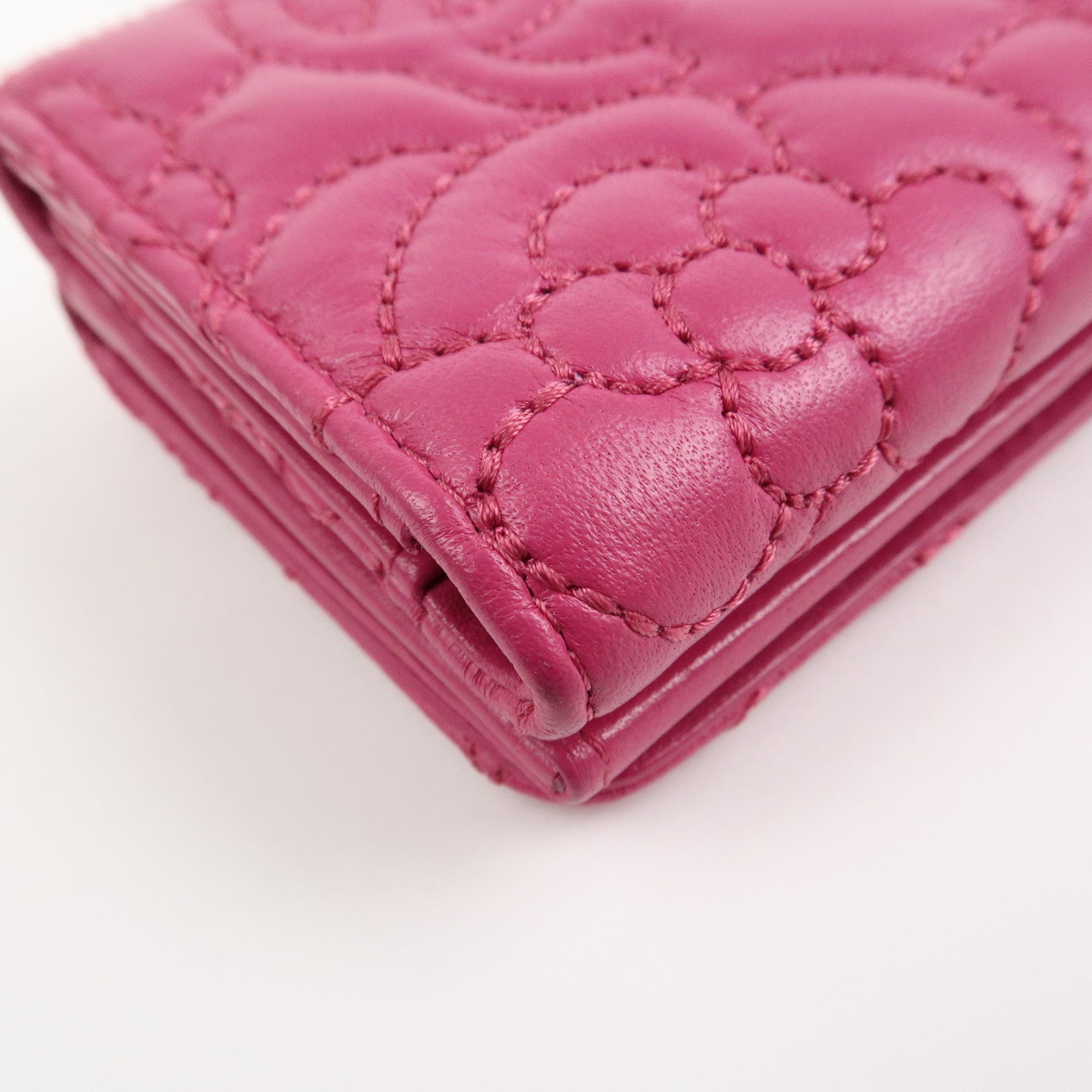 CHANEL COCO Mark Lamb Skin Tri-fold Compact Wallet Pink