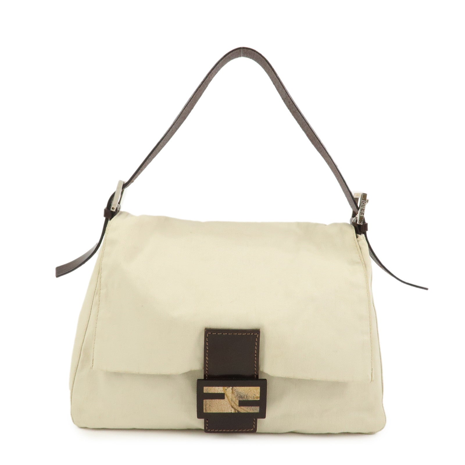 FENDI Mamma Baguette Canvas Leather Shoulder Bag Ivory Brown 26325