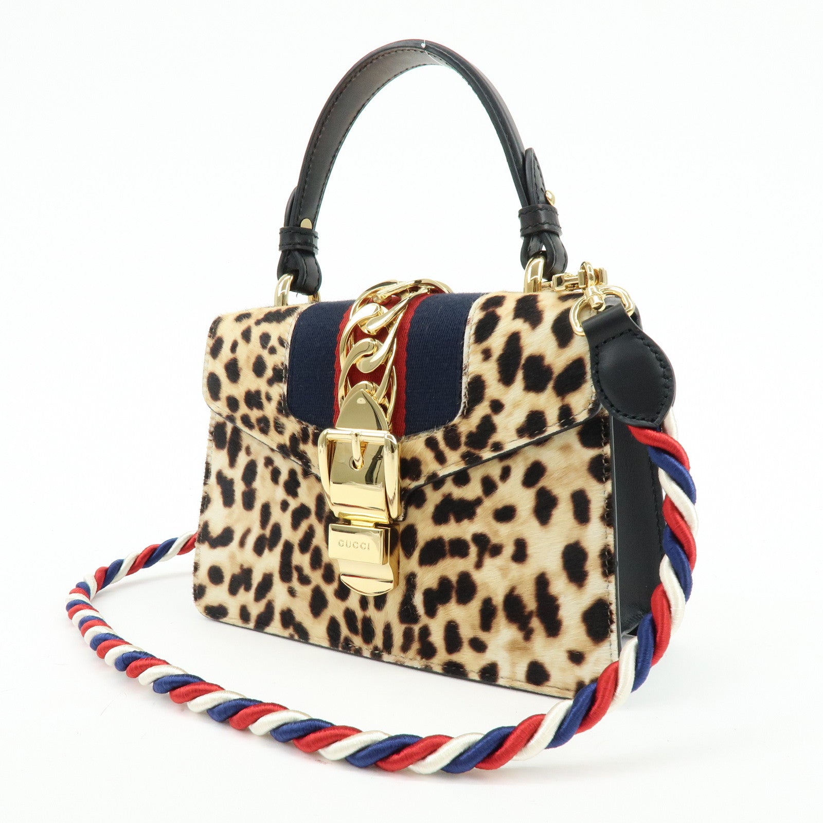 GUCCI Sherry Sylvie Pony Hair Leather 2Way Hand Bag Leopard 470270
