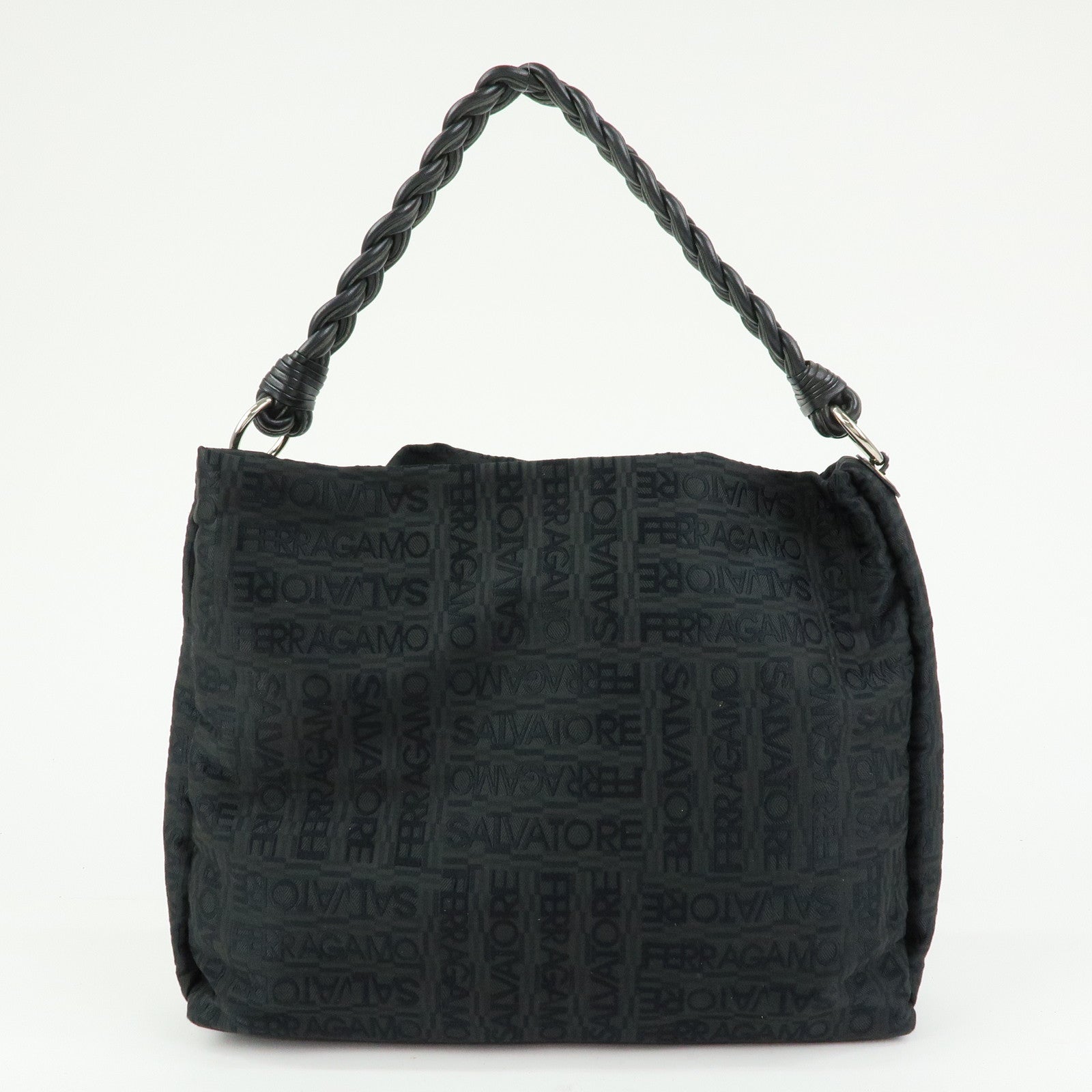 Ferragamo Canvas Leather Shoulder Bag Tote Bag Hand Bag Black