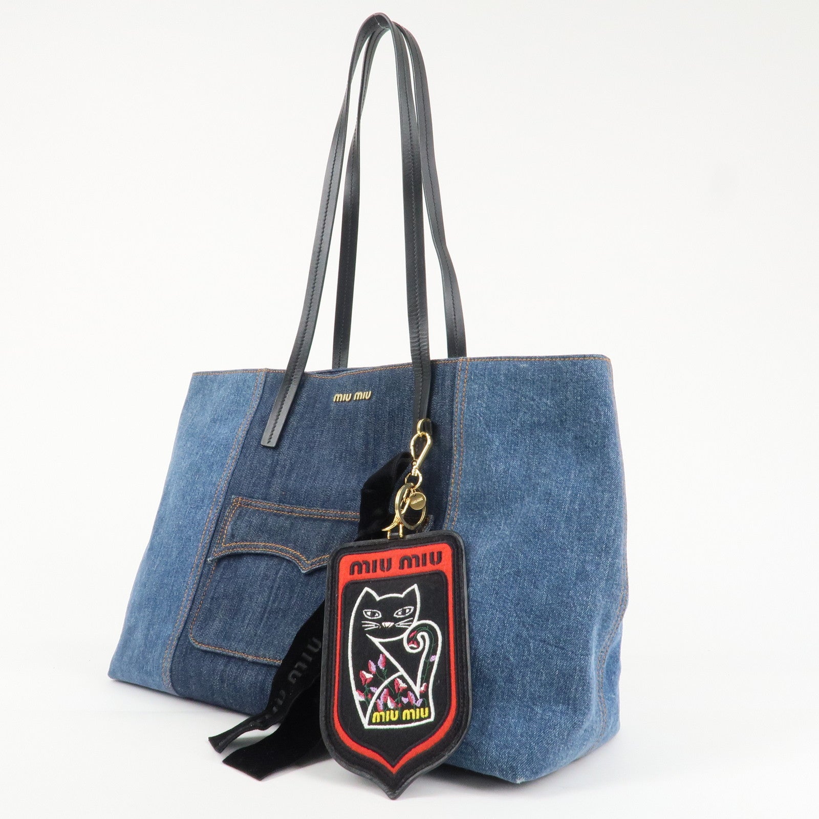 MIU MIU Leather Denim Tote Bag Shoulder Bag Navy 5BG024 Used