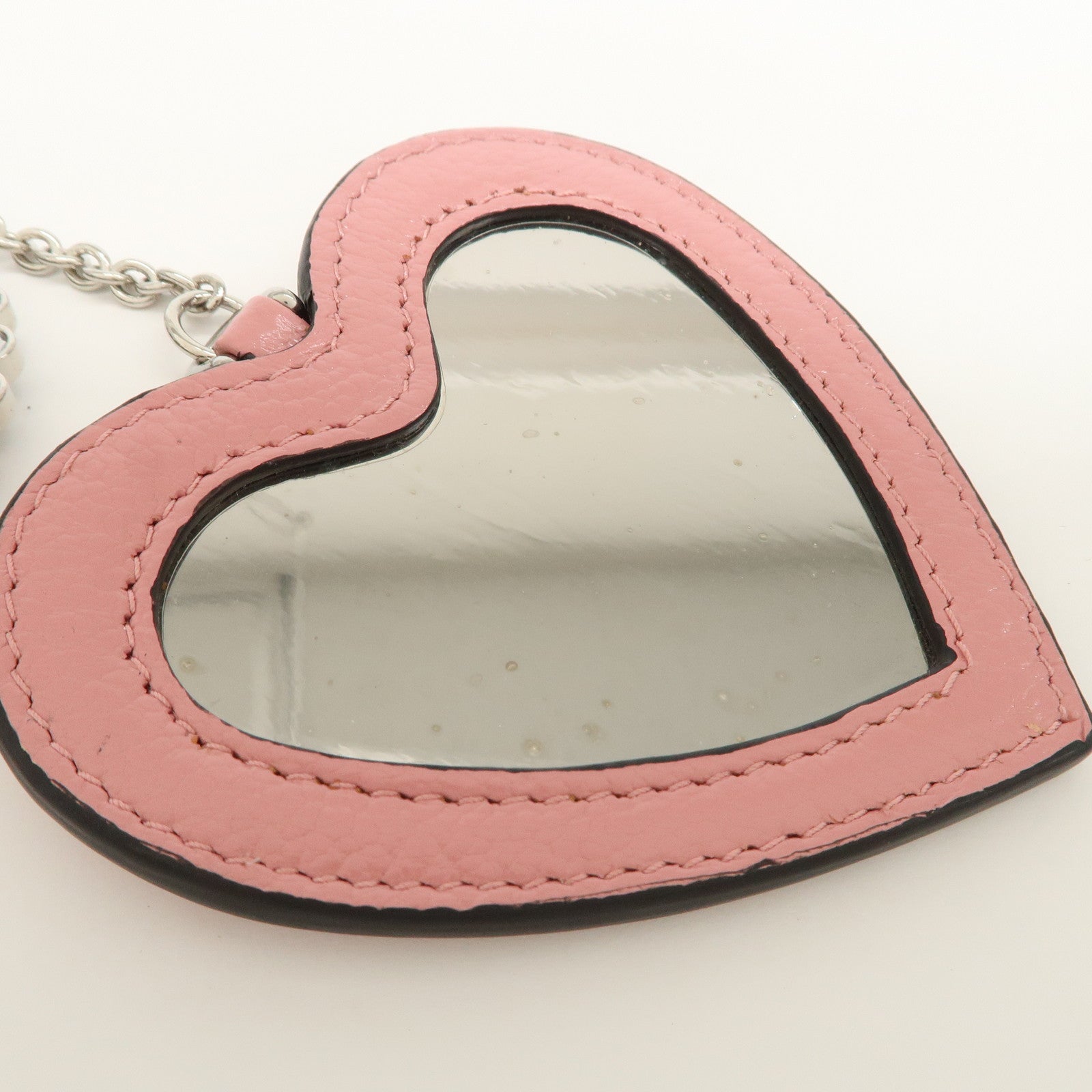 MIU MIU Leather Heart Motif Mirror Bag Charm Key Chain Pink 5TL376