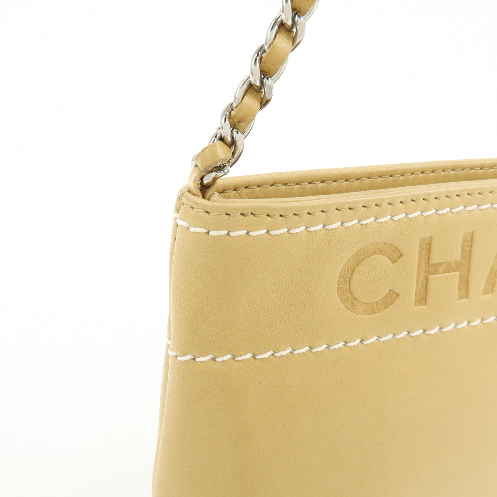 CHANEL Logo Lamb Skin Hand Bag Beige