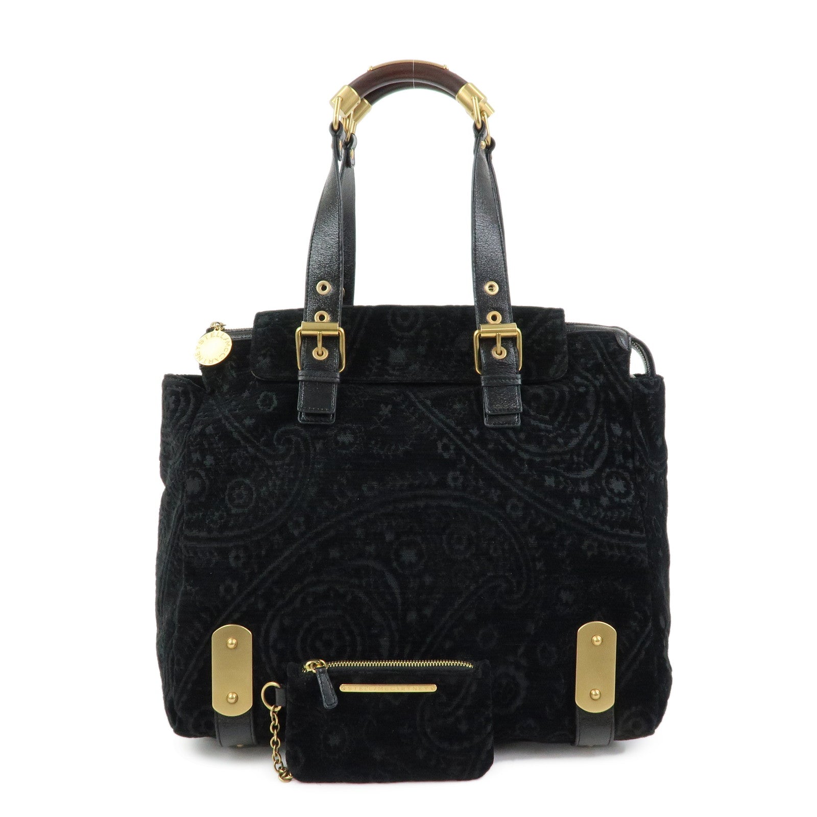 STELLA MCCARTNEY Canvas Leather Tote Hand Bag Paisley Pattern Black