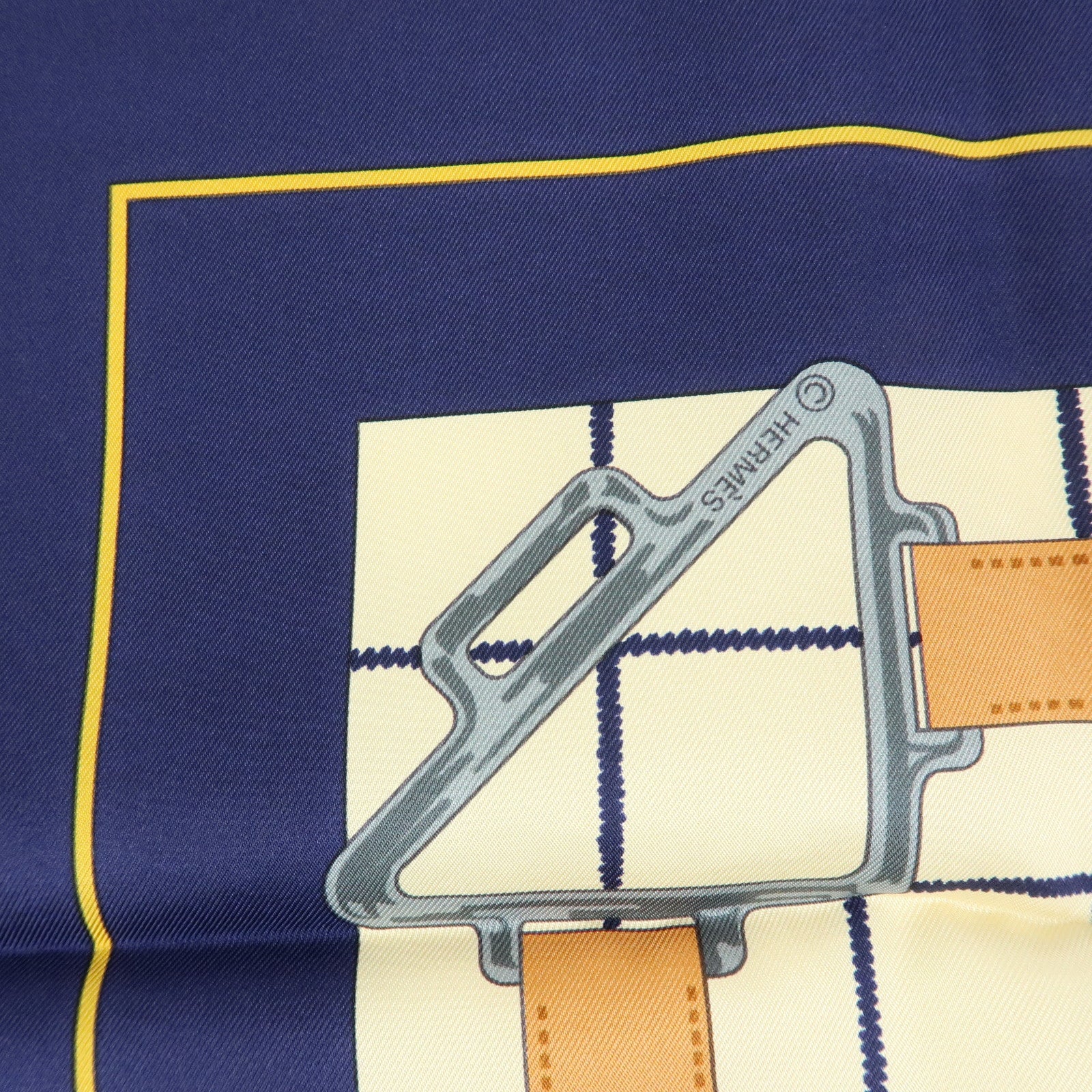 HERMES Carre 70 Silk 100% Scarf Tattersalles Navy Beige