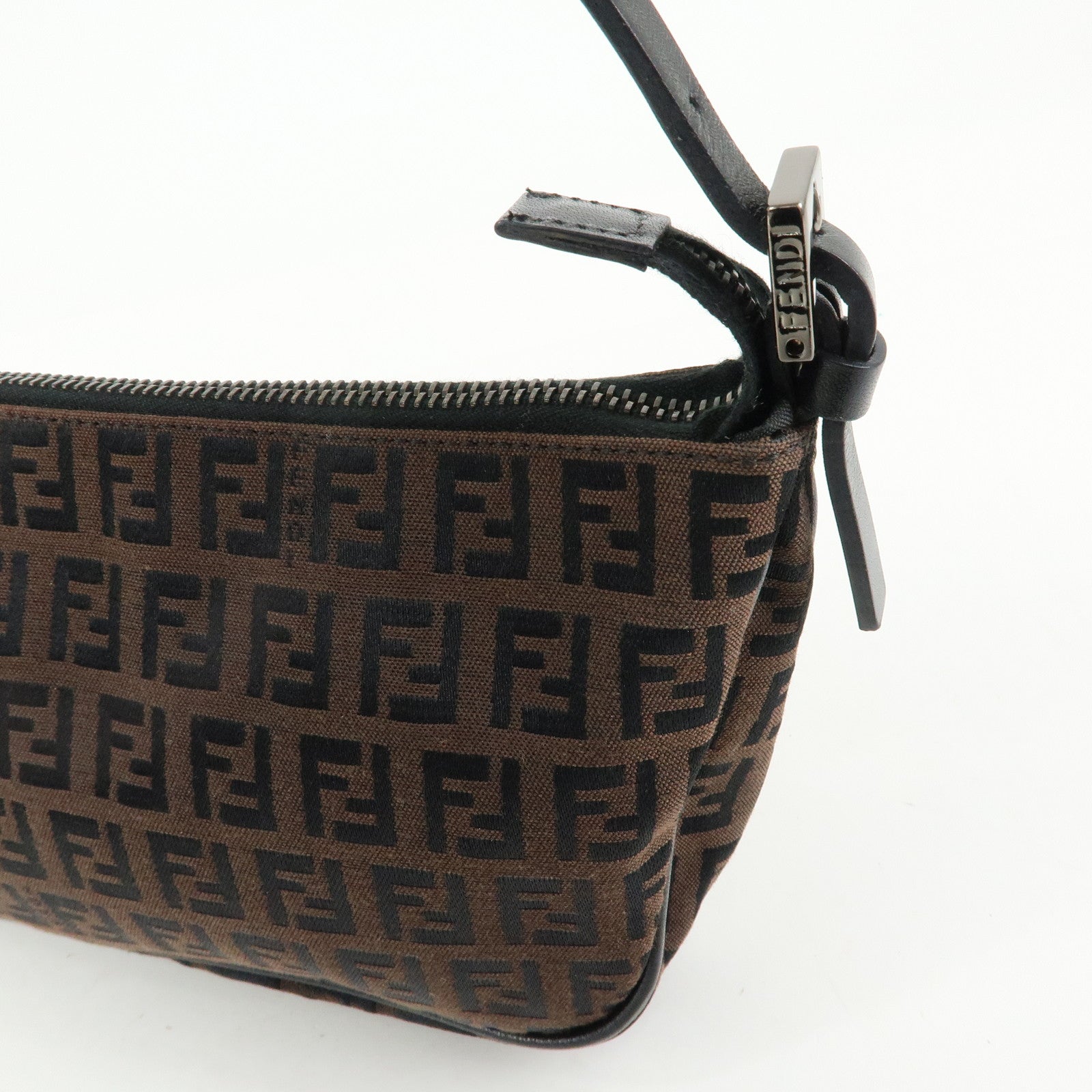 FENDI Zucchino Canvas Leather Hand Bag Brown Black 8BR1440