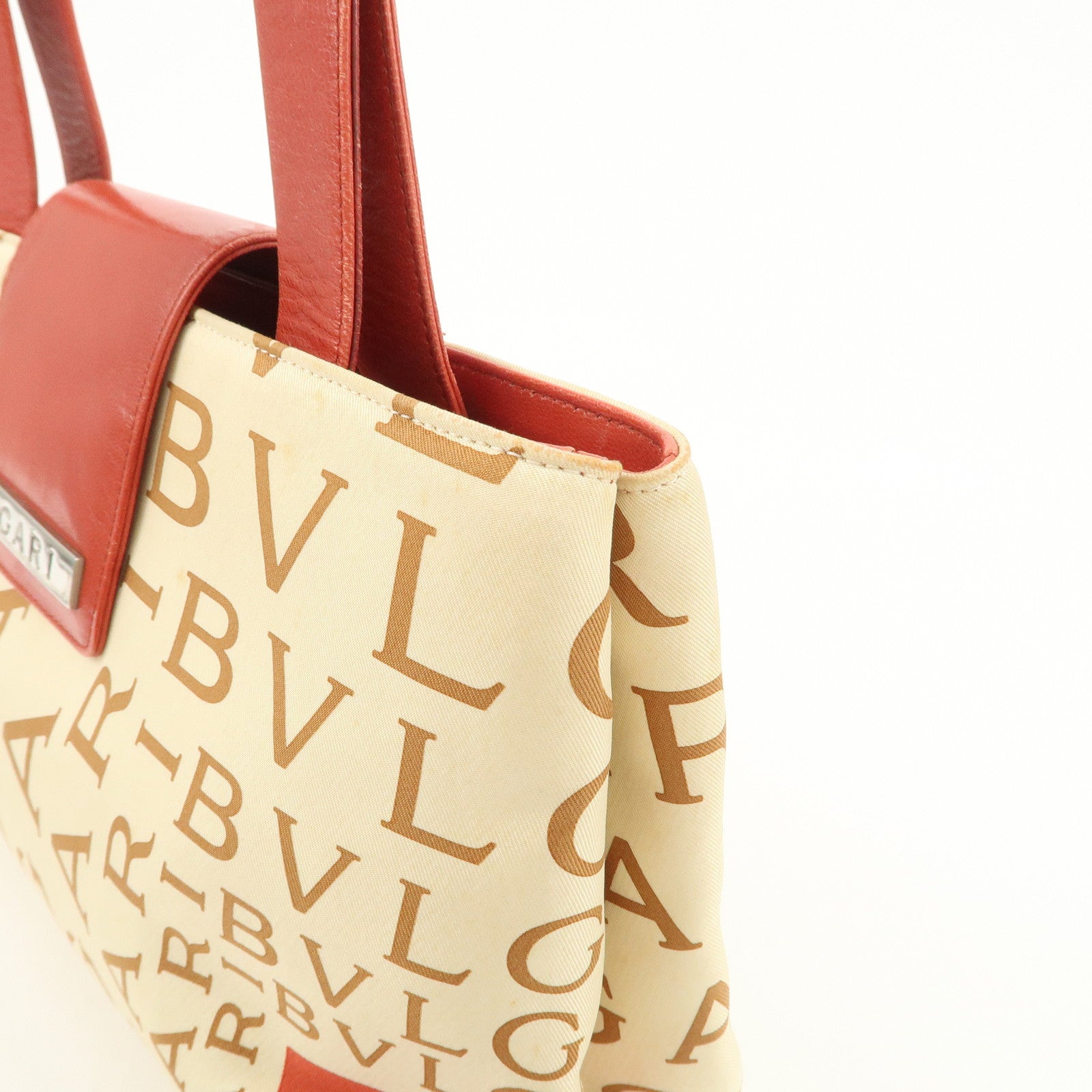 BVLGARI Logo Mania Leather Canvas Shoulder Bag Beige Red
