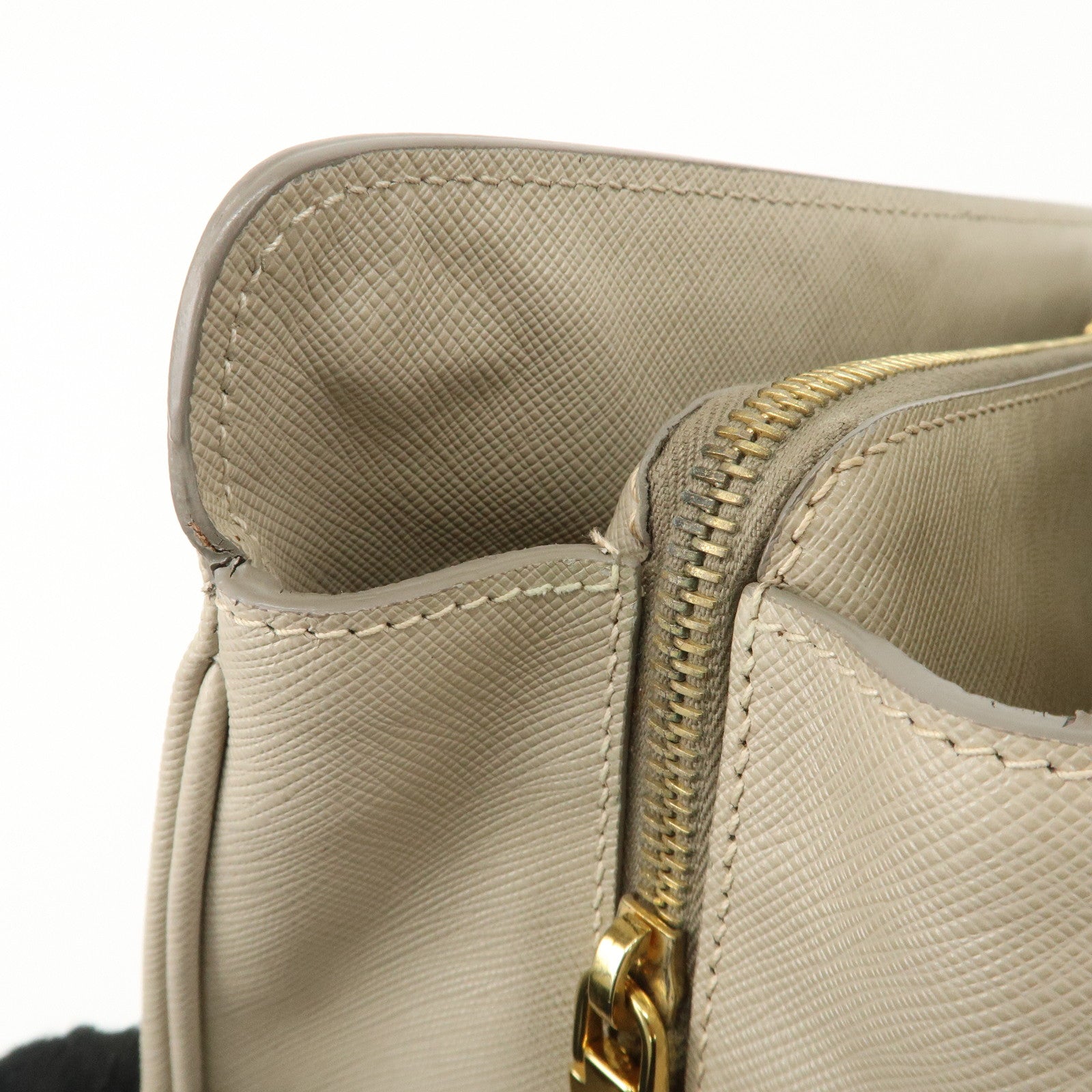 PRADA Triangle Logo Leather 2Way Bag Hand Bag Beige Gold Hardware Used