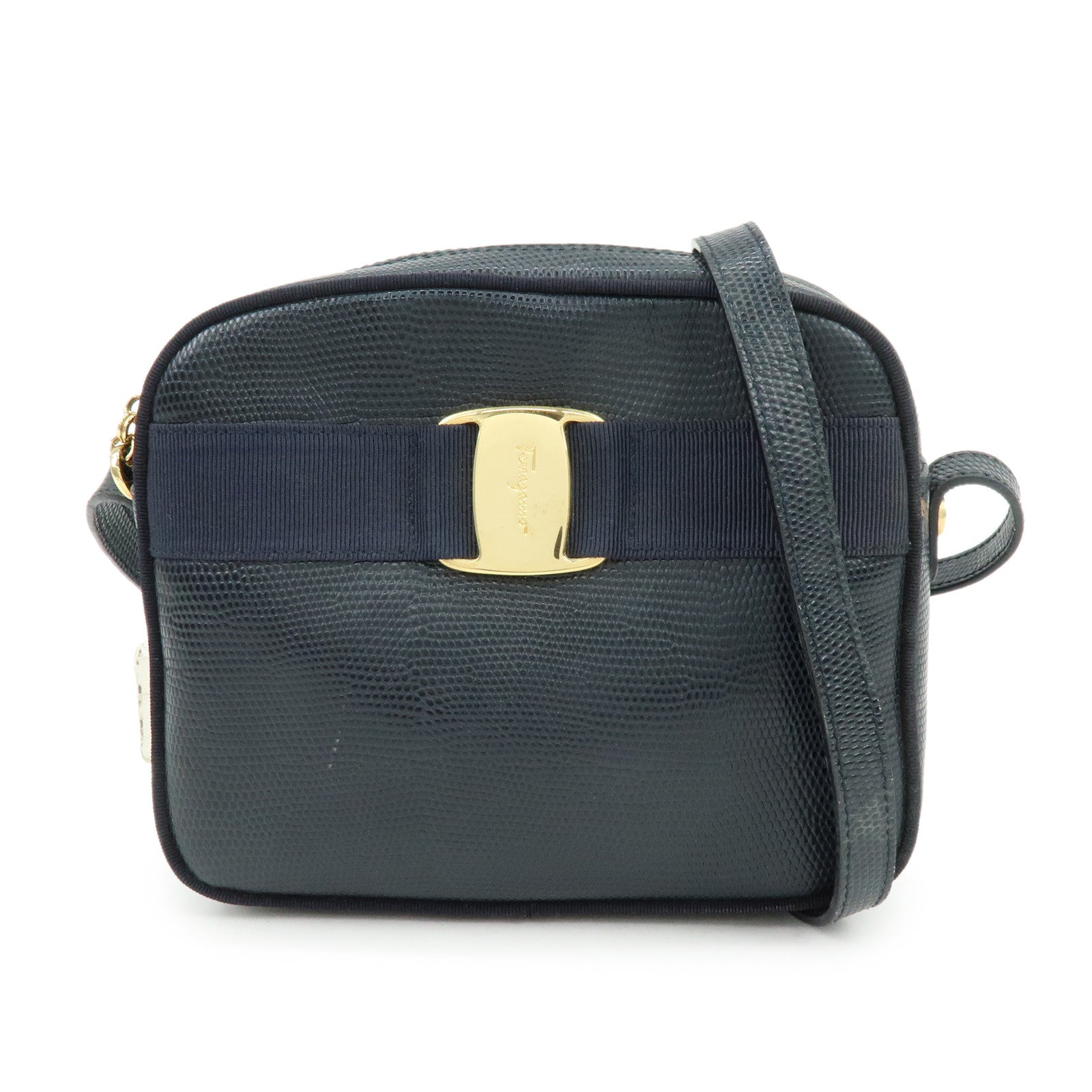 Ferragamo Vara Embossed Leather Shoulder Bag Crossbody Bag Navy