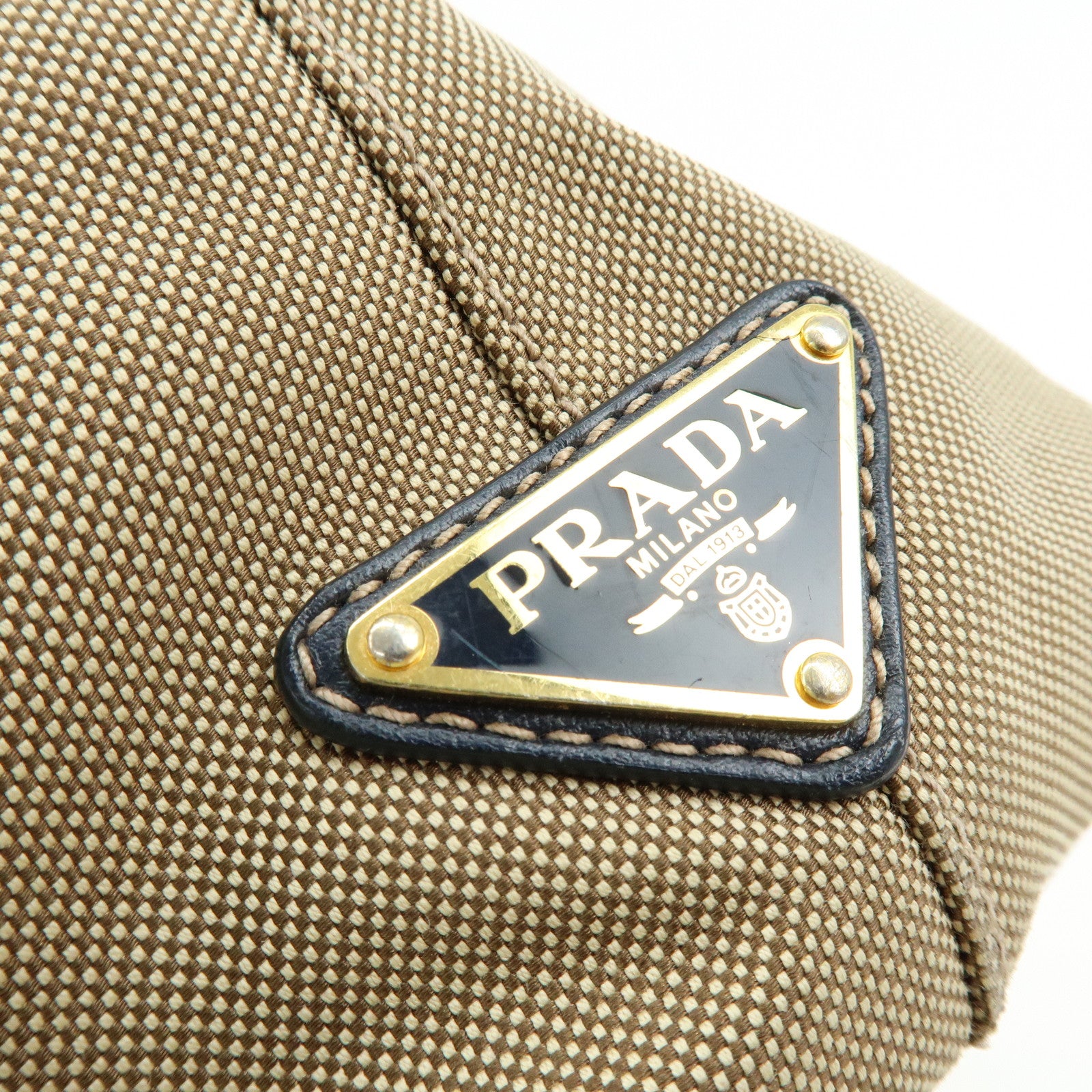 PRADA Logo Jacguard Leather Tote Bag Hand Bag Beige Navy