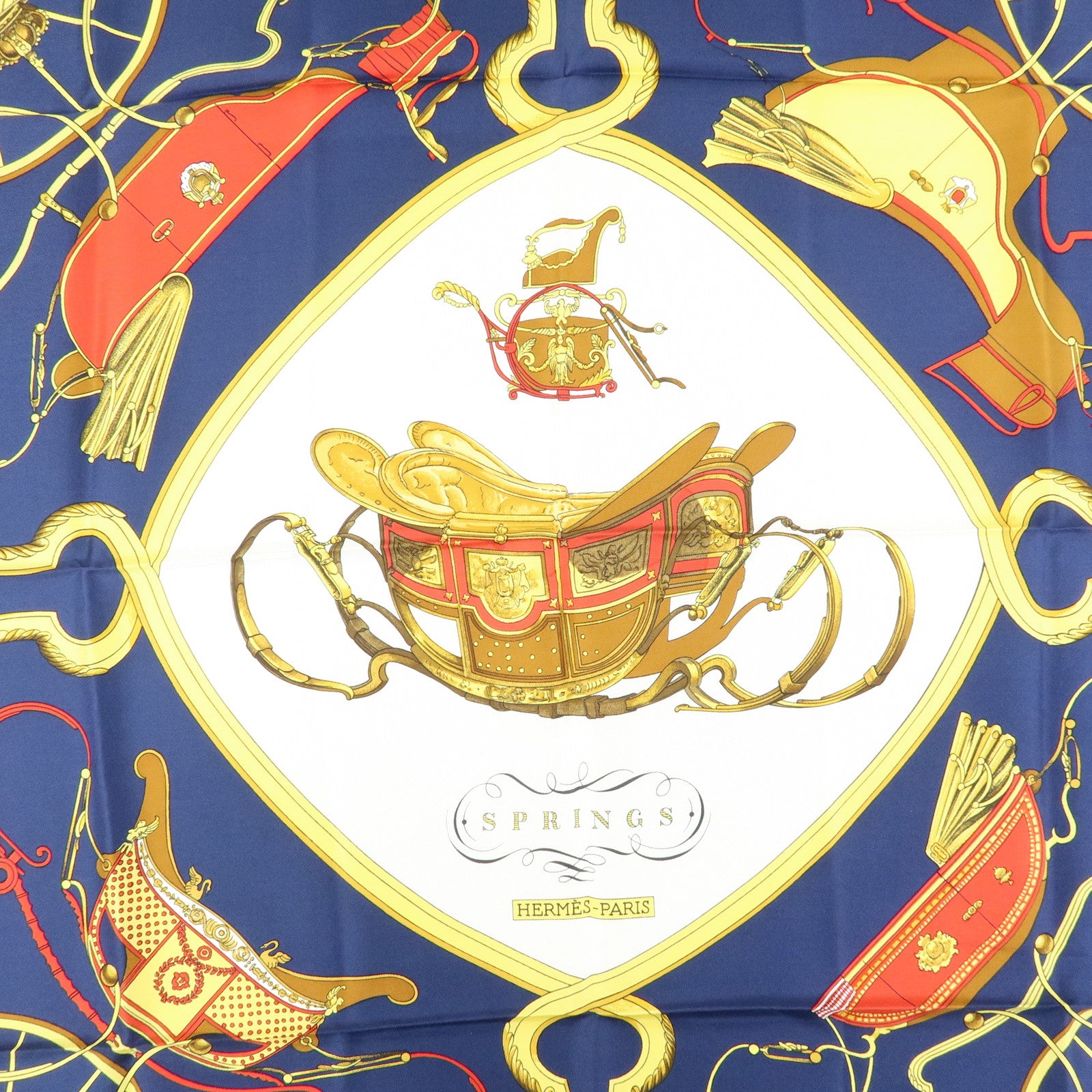 HERMES Carre 90 Silk 100% Scarf SPRINGS Navy