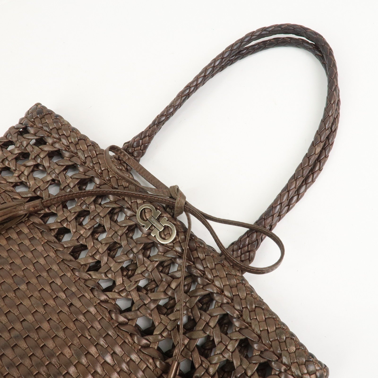 Ferragamo Gancini Logo Leather Tote Bag Shoulder Bag Brown