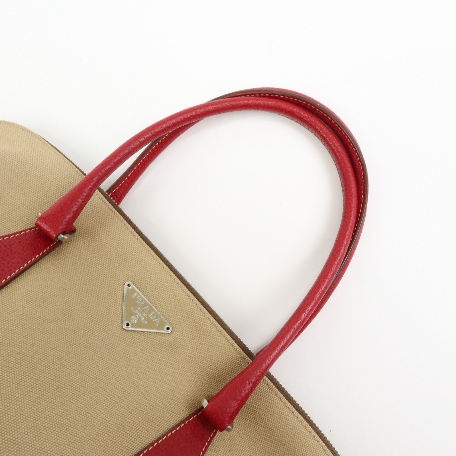 PRADA Triangle Logo Canvas Leather Hand Bag Beige Red