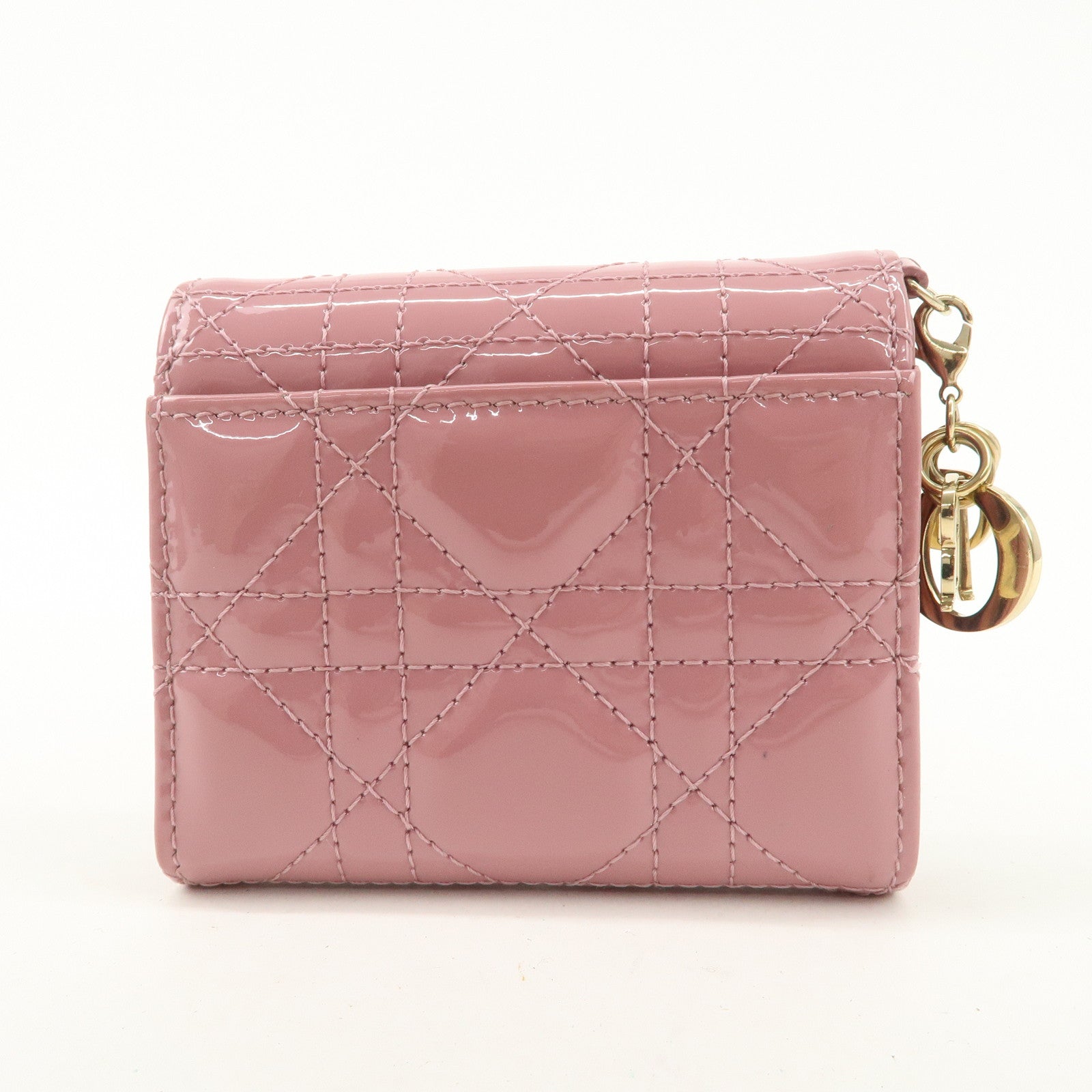 Christian Dior Lady Dior Cannage Patent Leather Tri-fold Wallet Pink Used