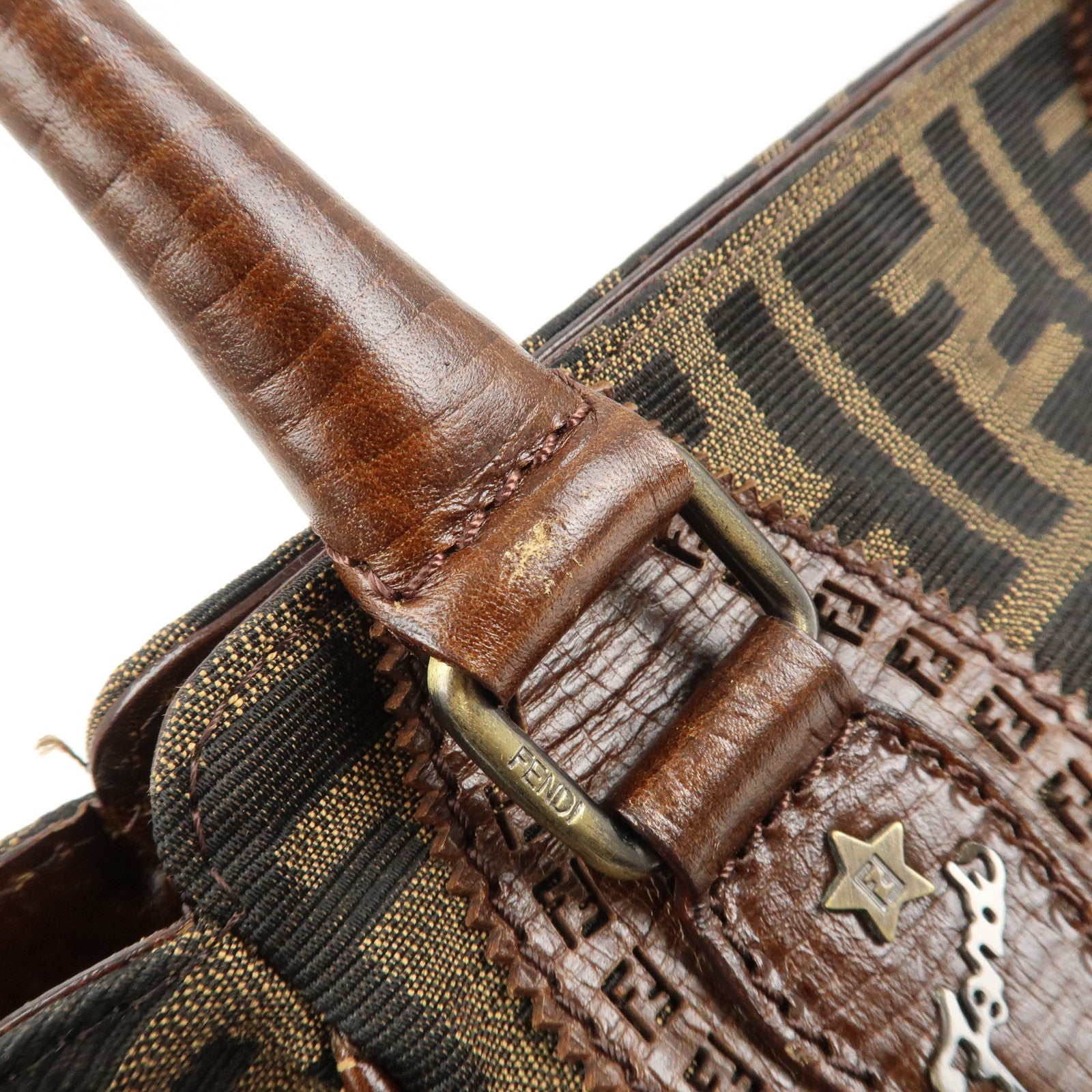 FENDI Ethnico Zucca Canvas Leather Shoulder Bag Brown 8BN157