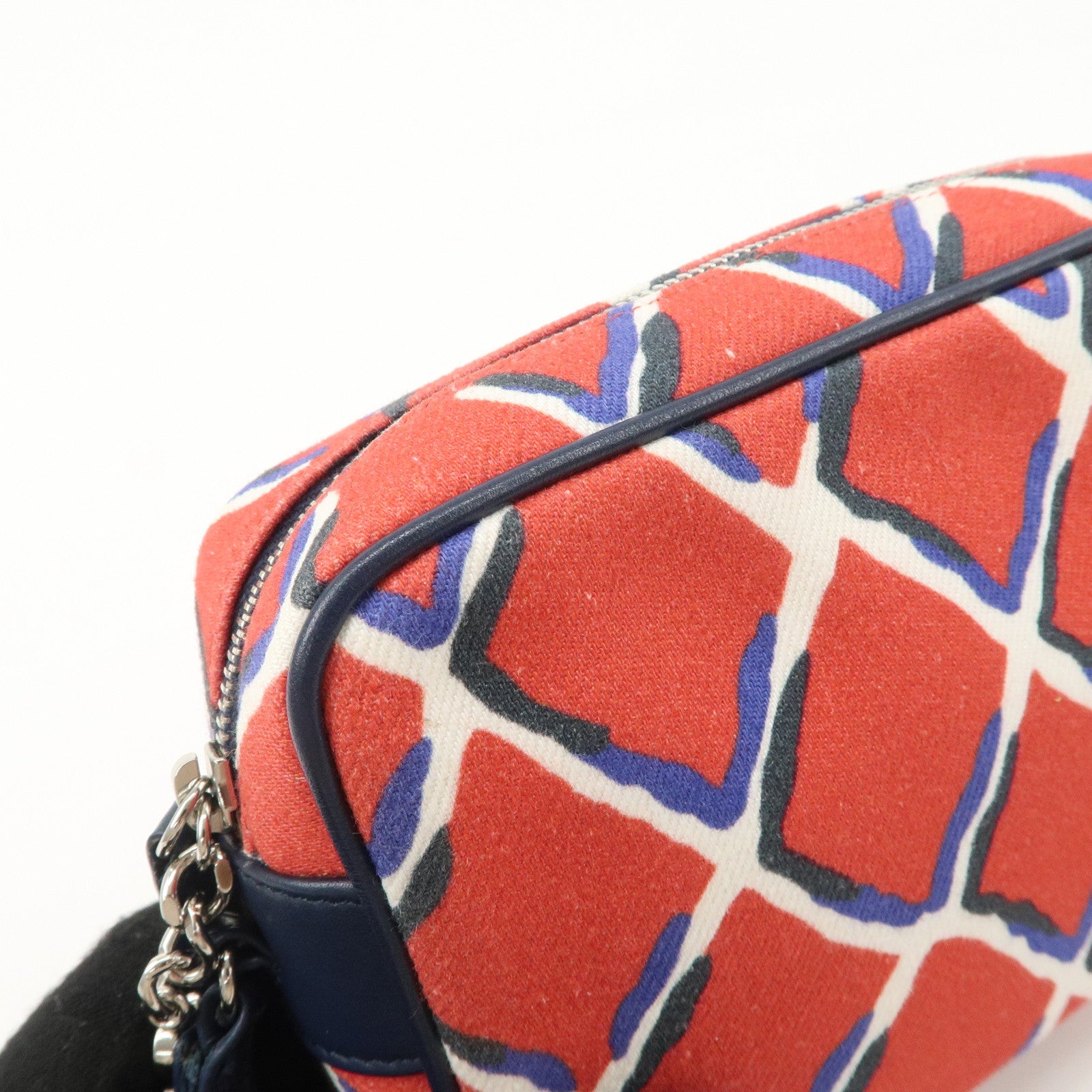 CHANEL COCO Mark COCO Beach Canvas Pouch Red Navy Silver HDW Used