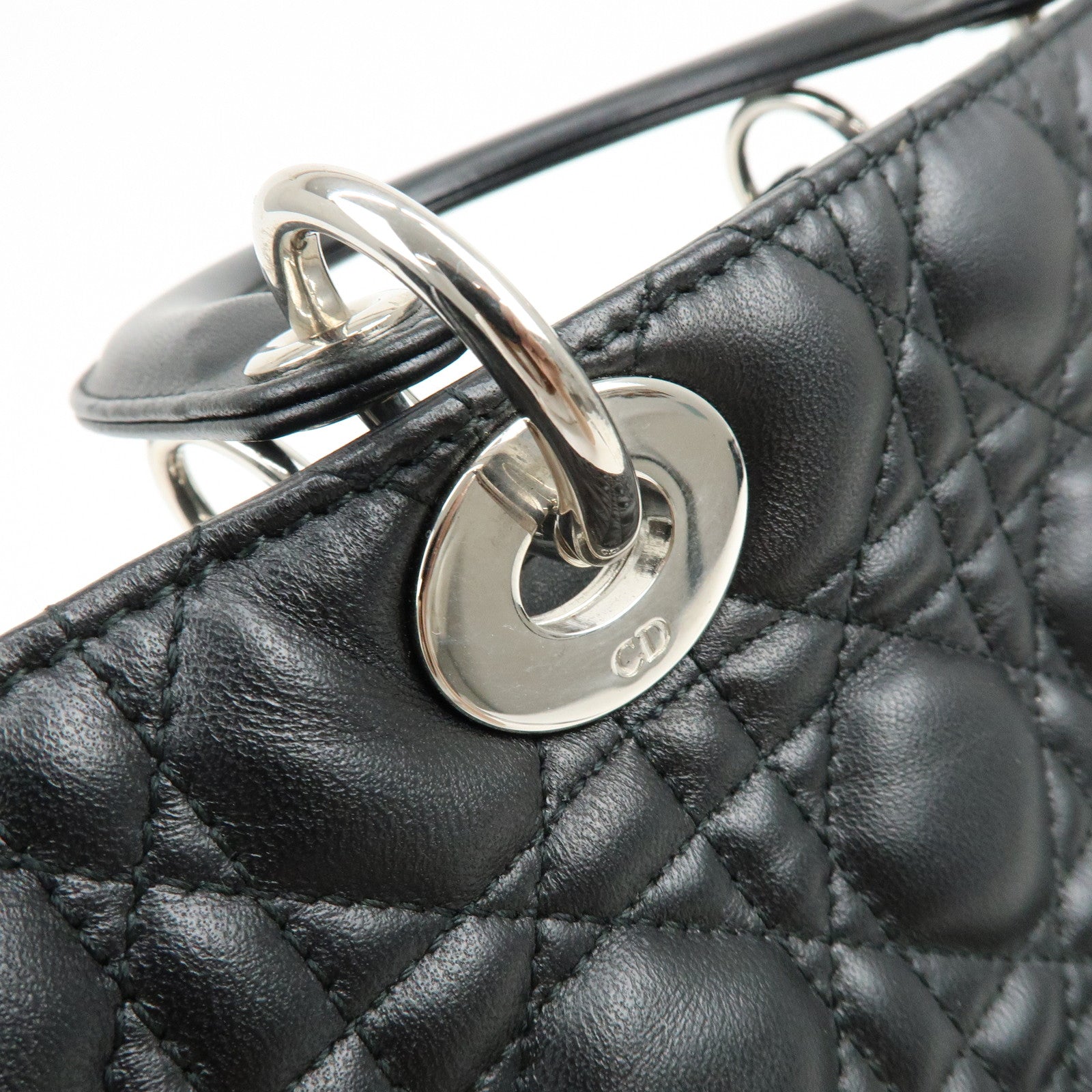 Christian Dior Cannage Large Lamb Skin 2Way Bag Hand Bag Black