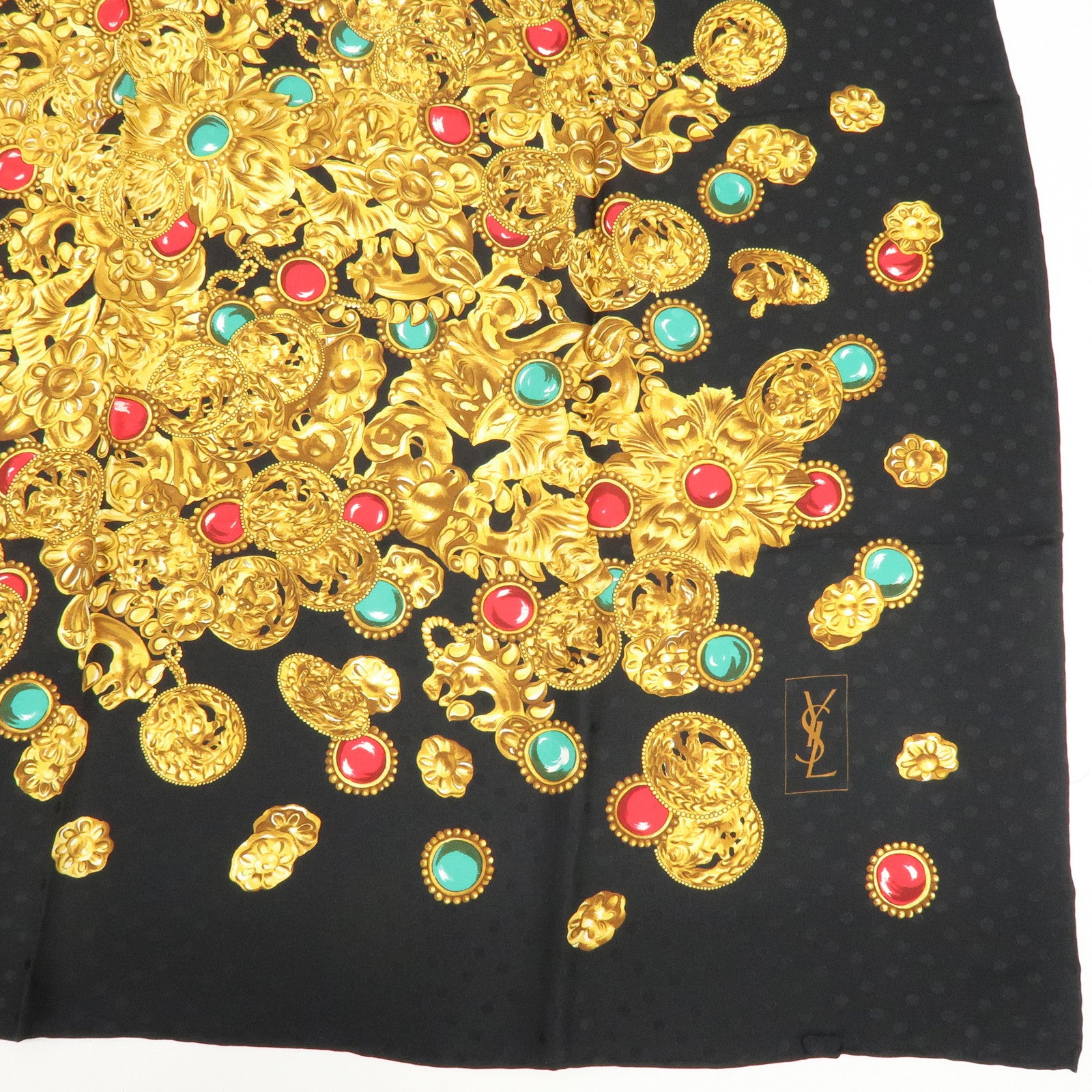 SAINT LAURENT PARIS Silk 100% Scarf Jewelry Poka Dots Black Yellow