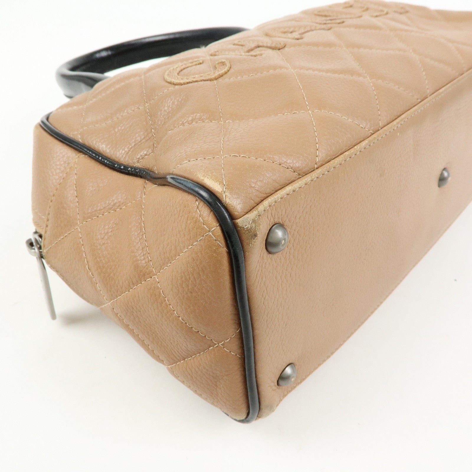 CHANEL Caviarskin Patent Leather Mini Boston Hand Bag Brown Black