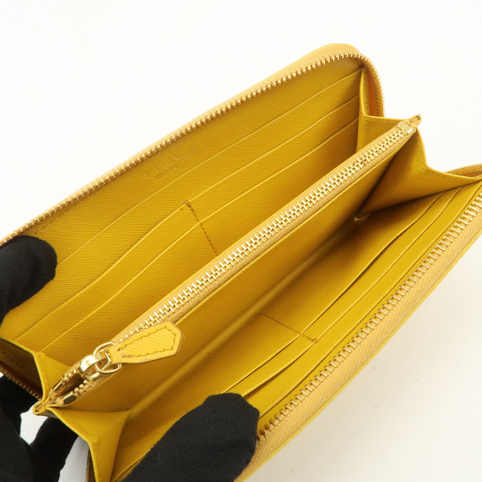 PRADA Triangle Logo Nylon Leather Round Zippy Long Wallet Yellow