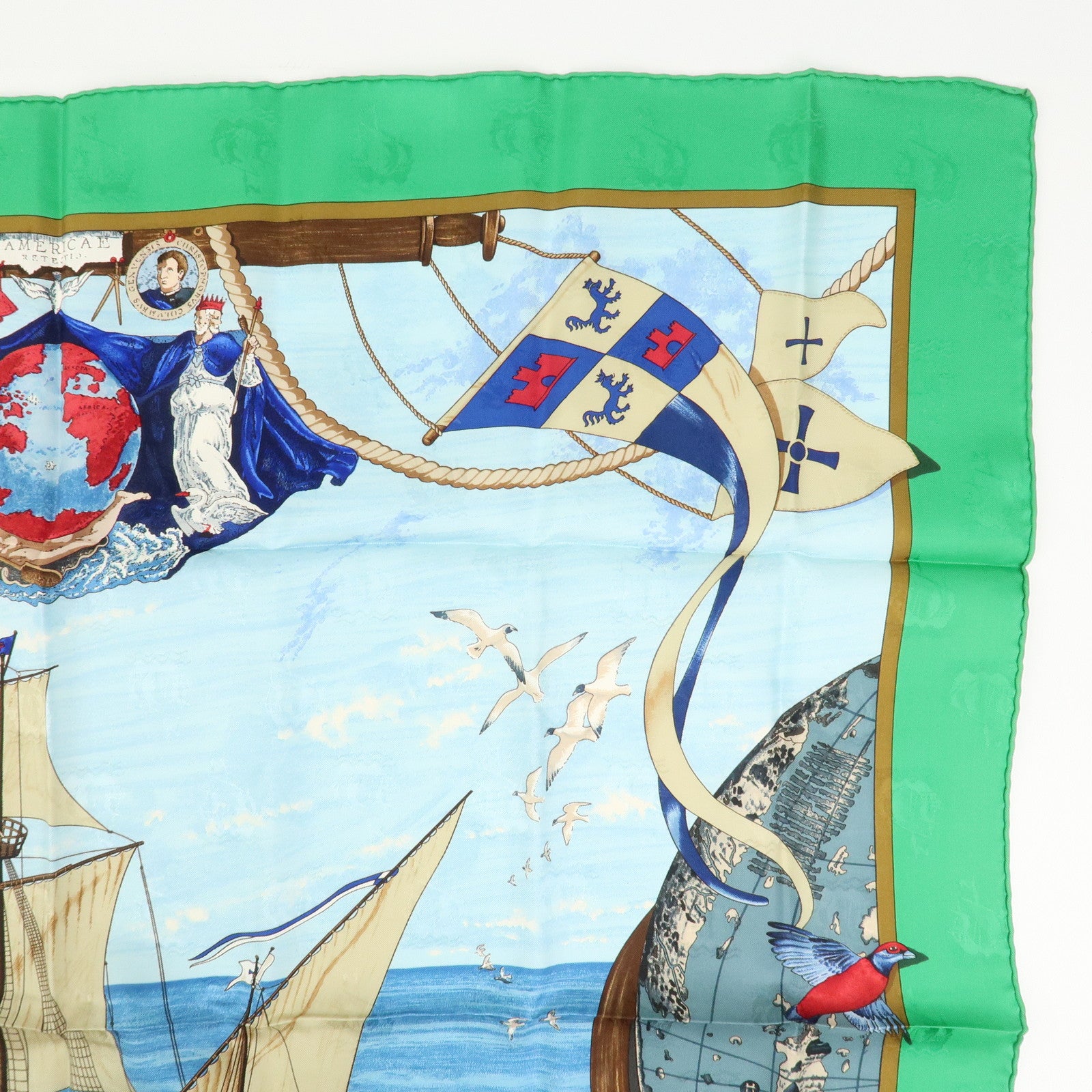 HERMES Carre 90 Silk 100% Scarf Christophe Colomb Green Blue