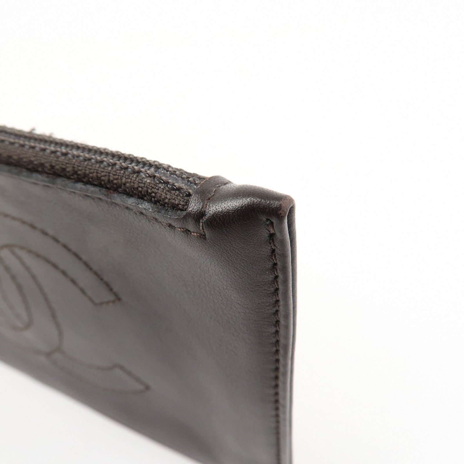 CHANEL Lamb Skin COCO Mark Pouch Silver Hardware Brown A25183 Used