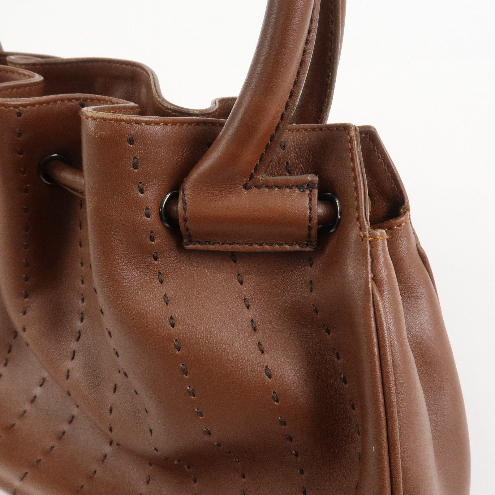 Ferragamo Gancini Leather Stitch Shoulder Bag Hand Bag Brown