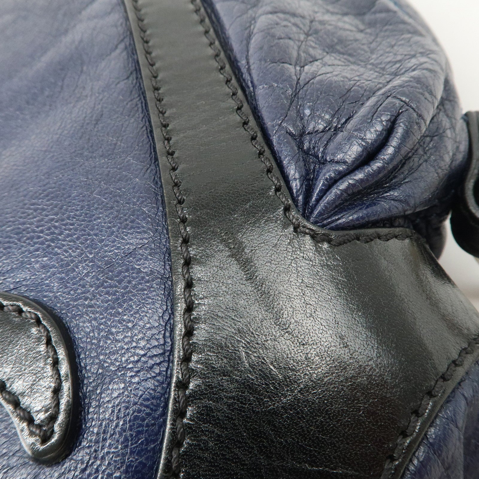 FENDI Leather Shoulder Bag Navy Black Silver HDW 8BR293 Used