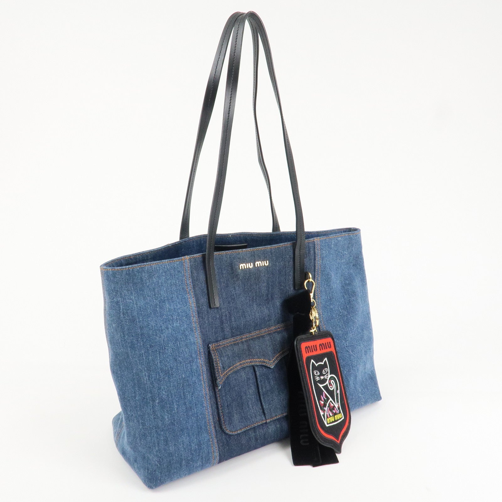 MIU MIU Leather Denim Tote Bag Shoulder Bag Navy 5BG024 Used