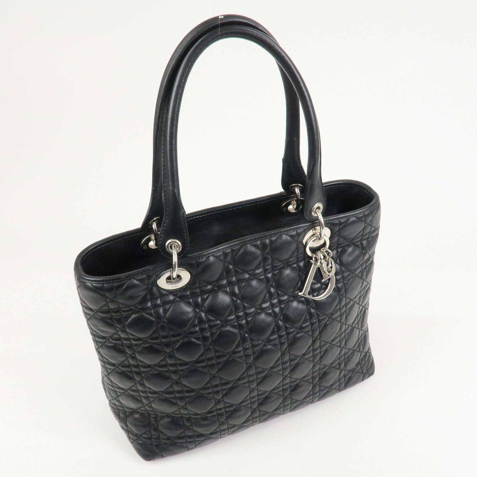 Christian Dior Lady Dior Cannage Leather Tote Bag Hand Bag Black