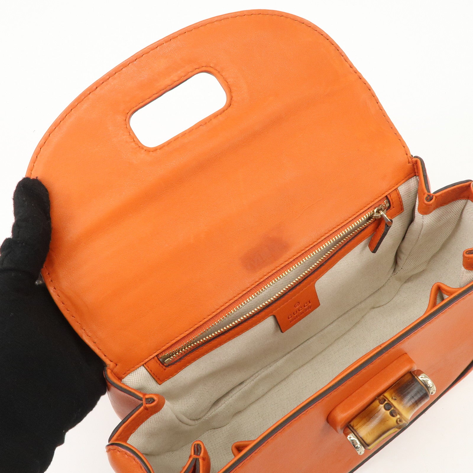 GUCCI Bamboo Leather 2Way Bag Hand Bag Shoulder Bag Orange 254884 Used
