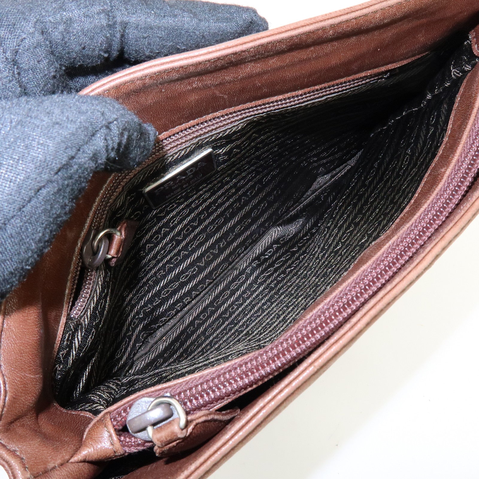 PRADA Triangle Logo Leather Shoulder Bag Crossbody Bag Brown