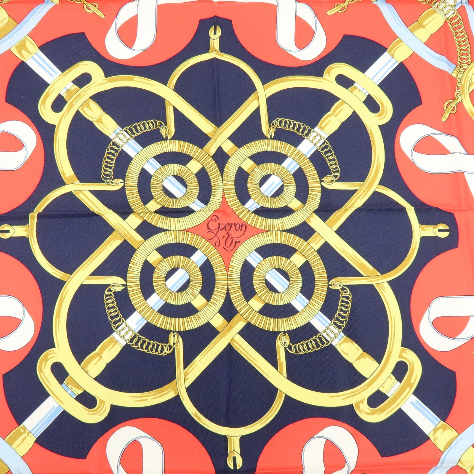 HERMES Carre 90 Silk 100% Scarf Eperon d'or Navy Red