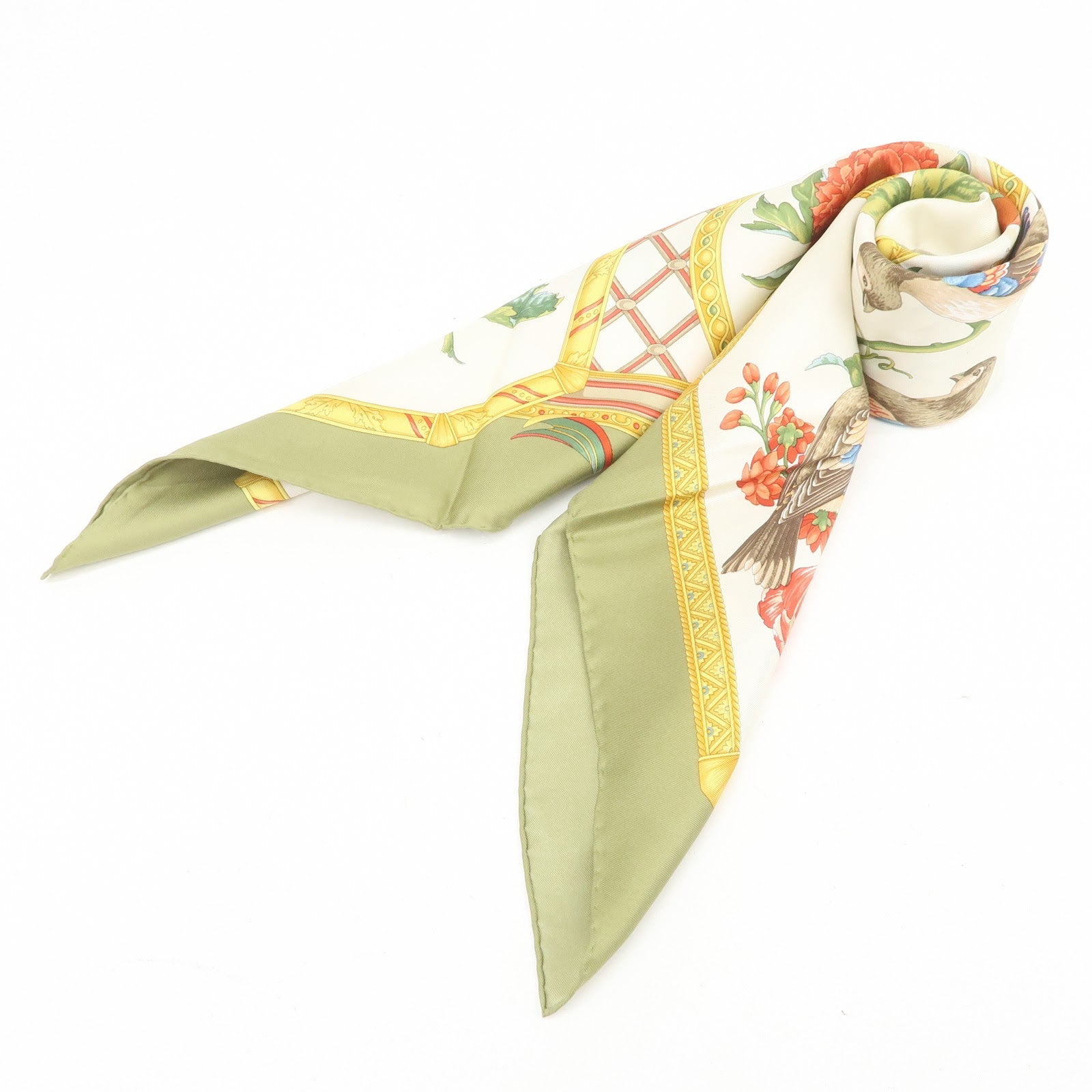 Ferragamo Flower Fruit Motif Silk 100% Scarf Ivory Green Orange